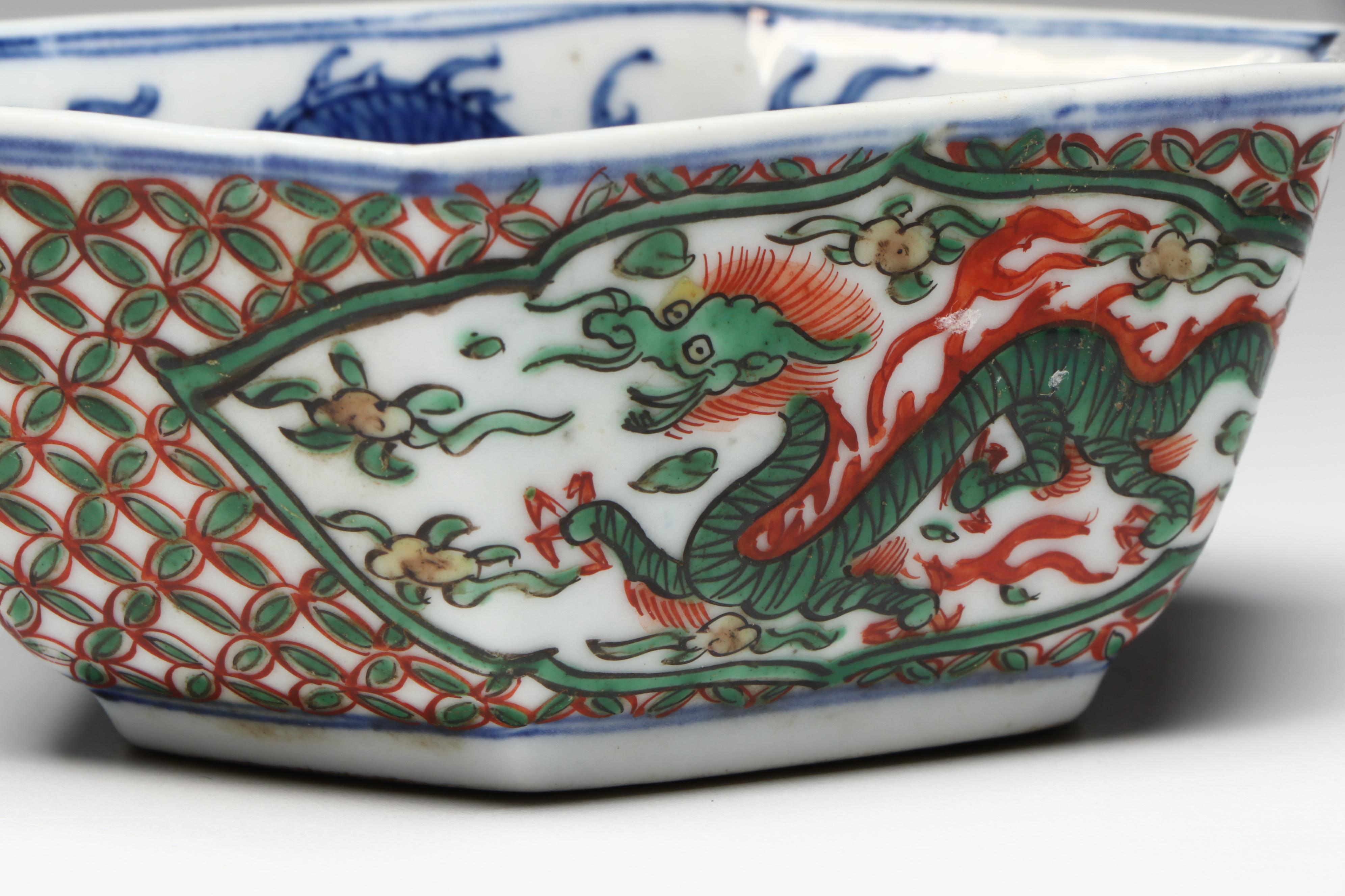 Antique Chinese Porcelain Hexagonal Dragon Dishes, 17th/18th Century