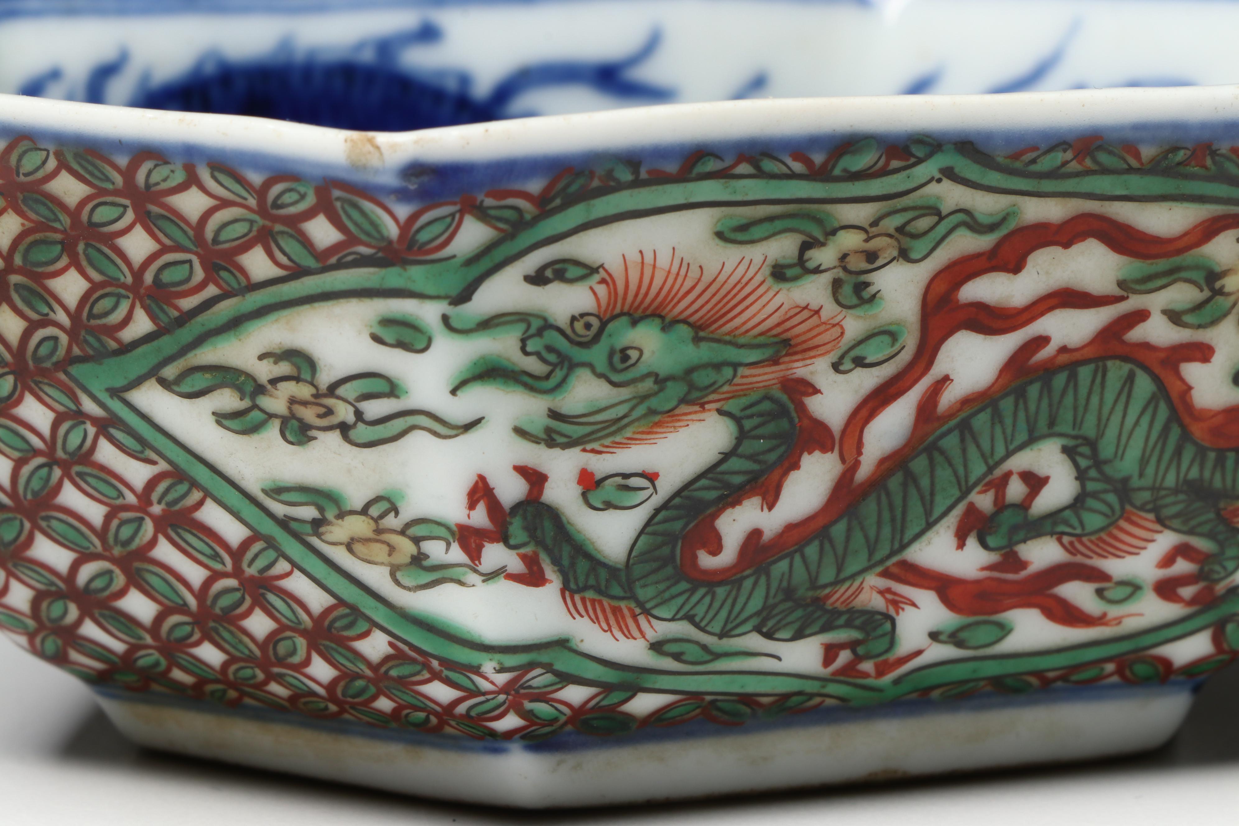 Antique Chinese Porcelain Hexagonal Dragon Dishes, 17th/18th Century