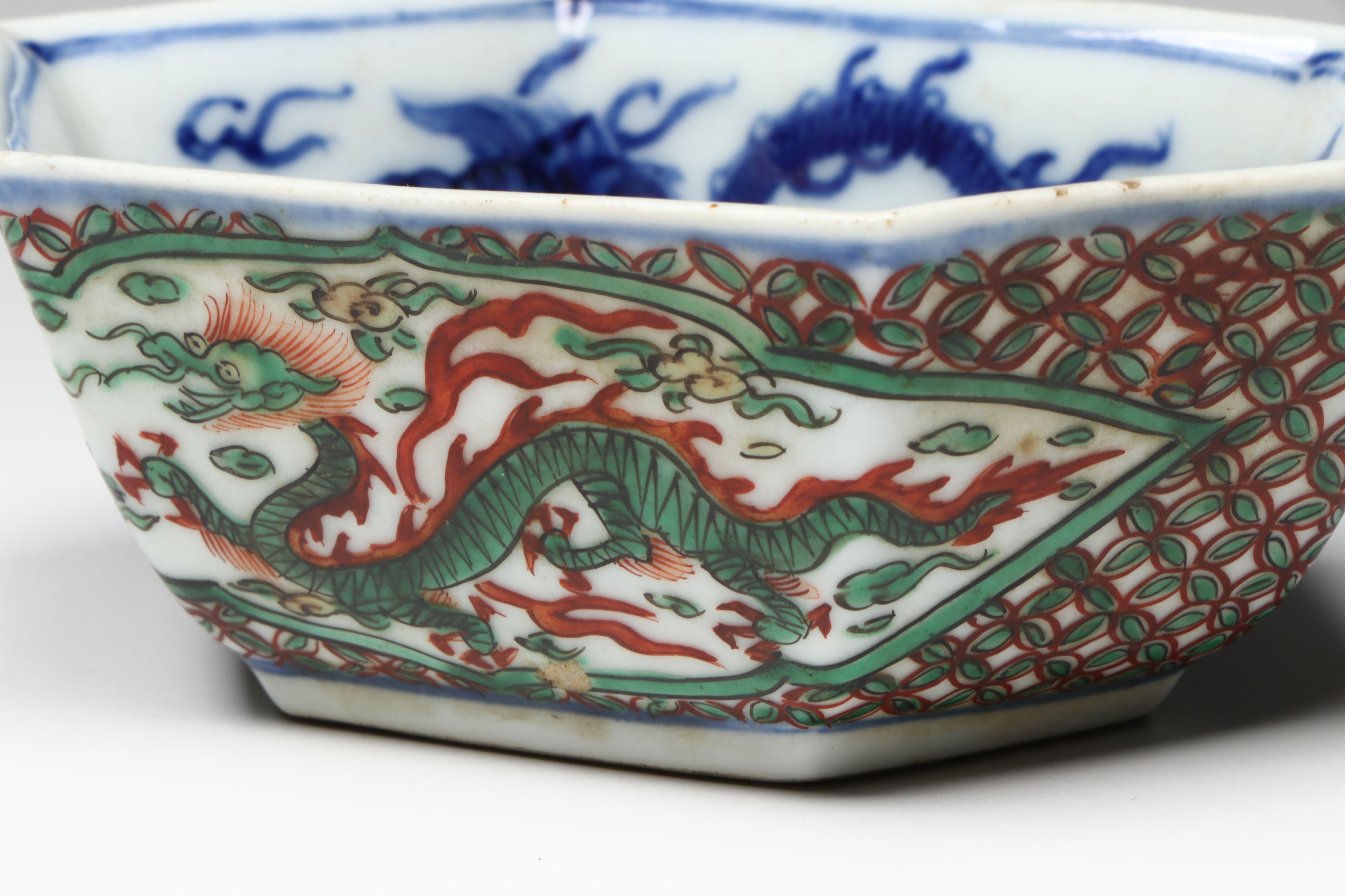 Antique Chinese Porcelain Hexagonal Dragon Dishes, 17th/18th Century