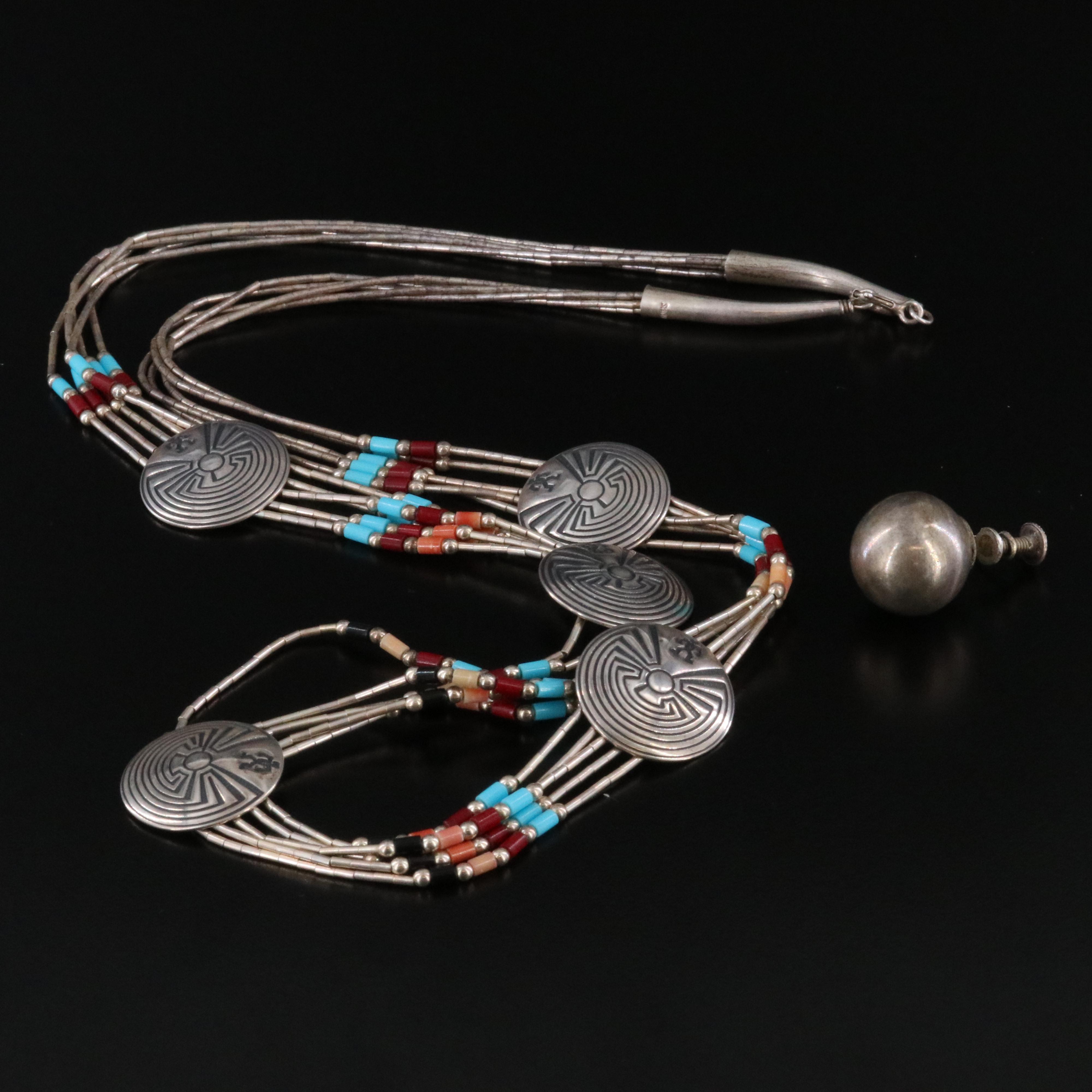 Southwestern Style Sterling Gemstone Man in the Maze Necklace and Single Earring