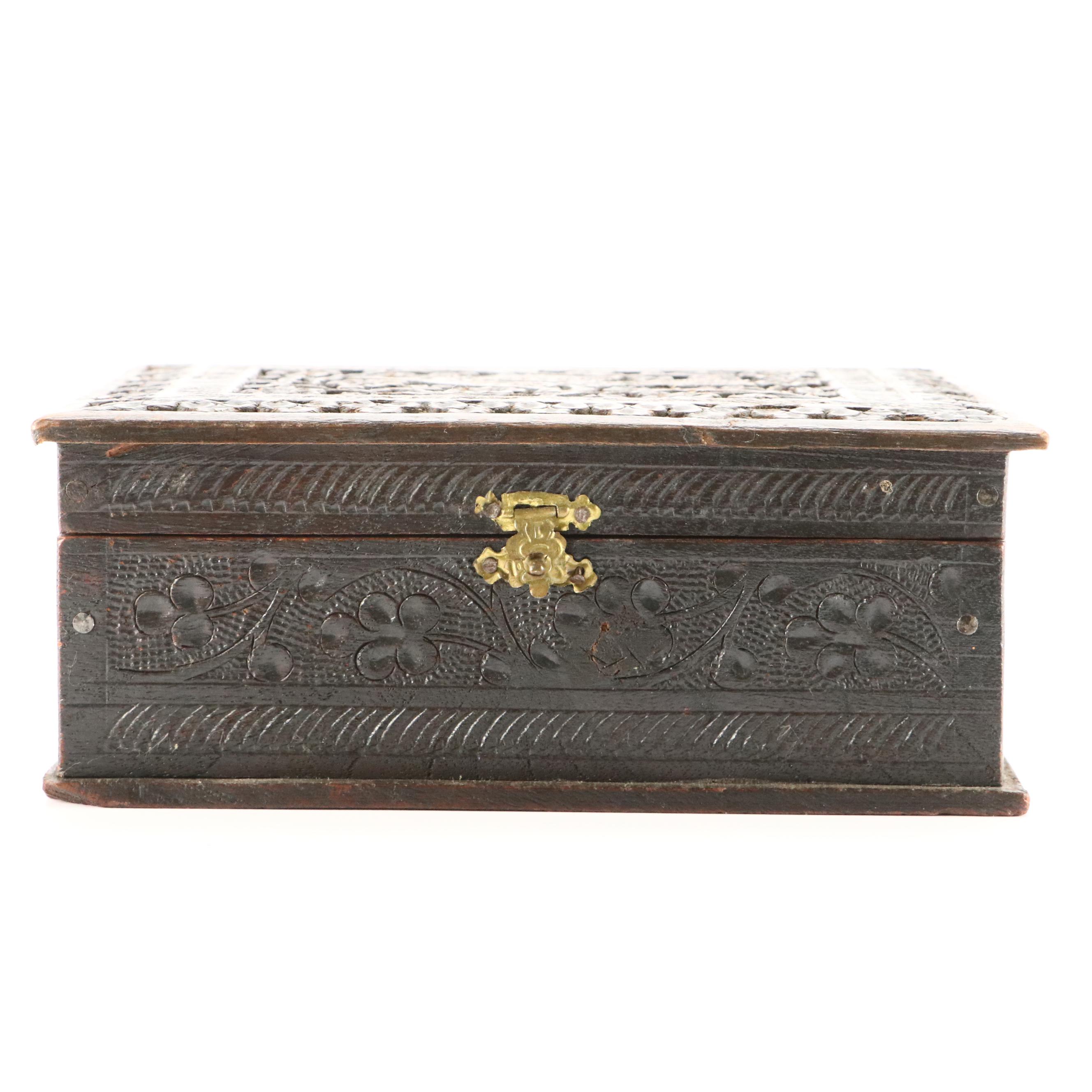 Antique Carved Wooden Jewelry Box