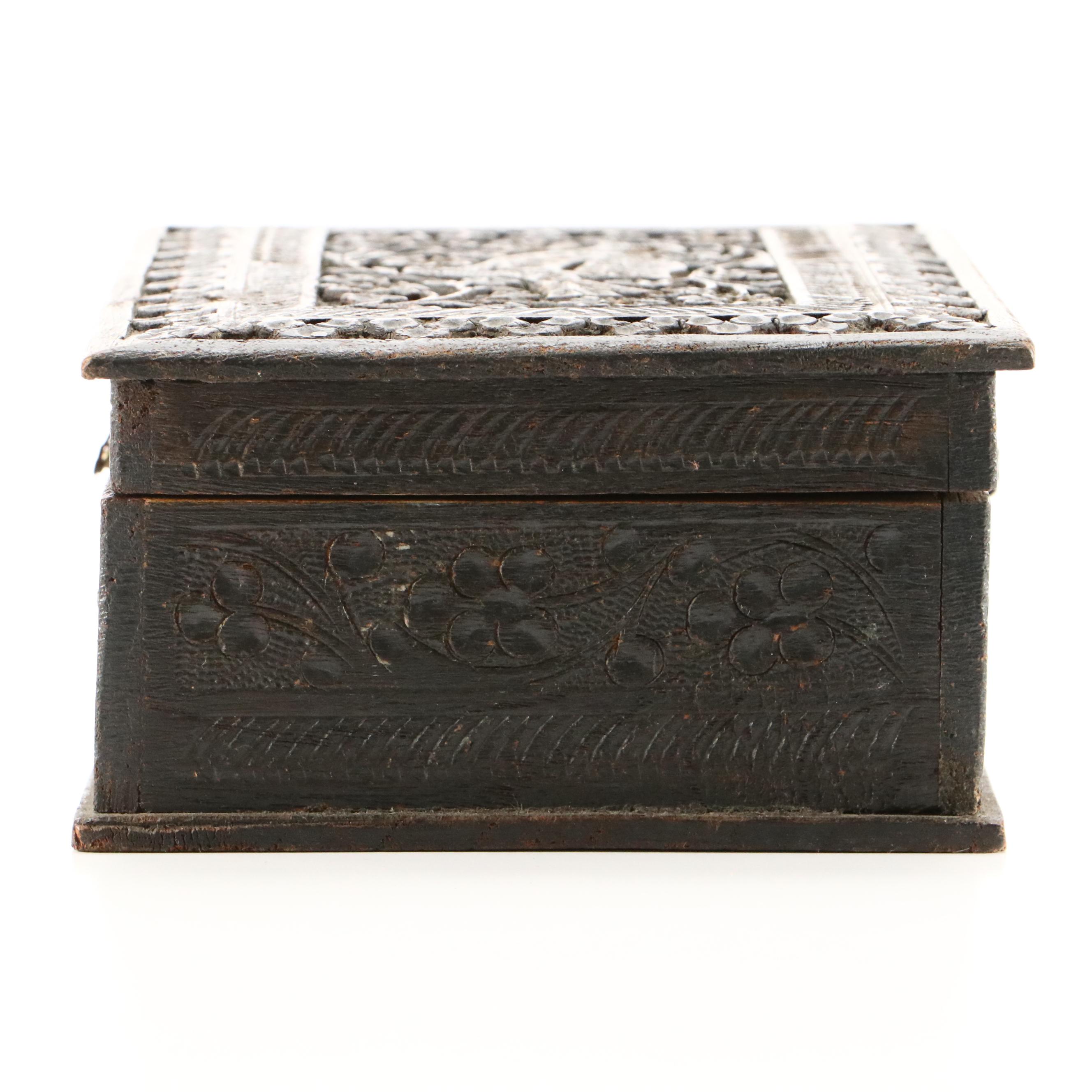Antique Carved Wooden Jewelry Box