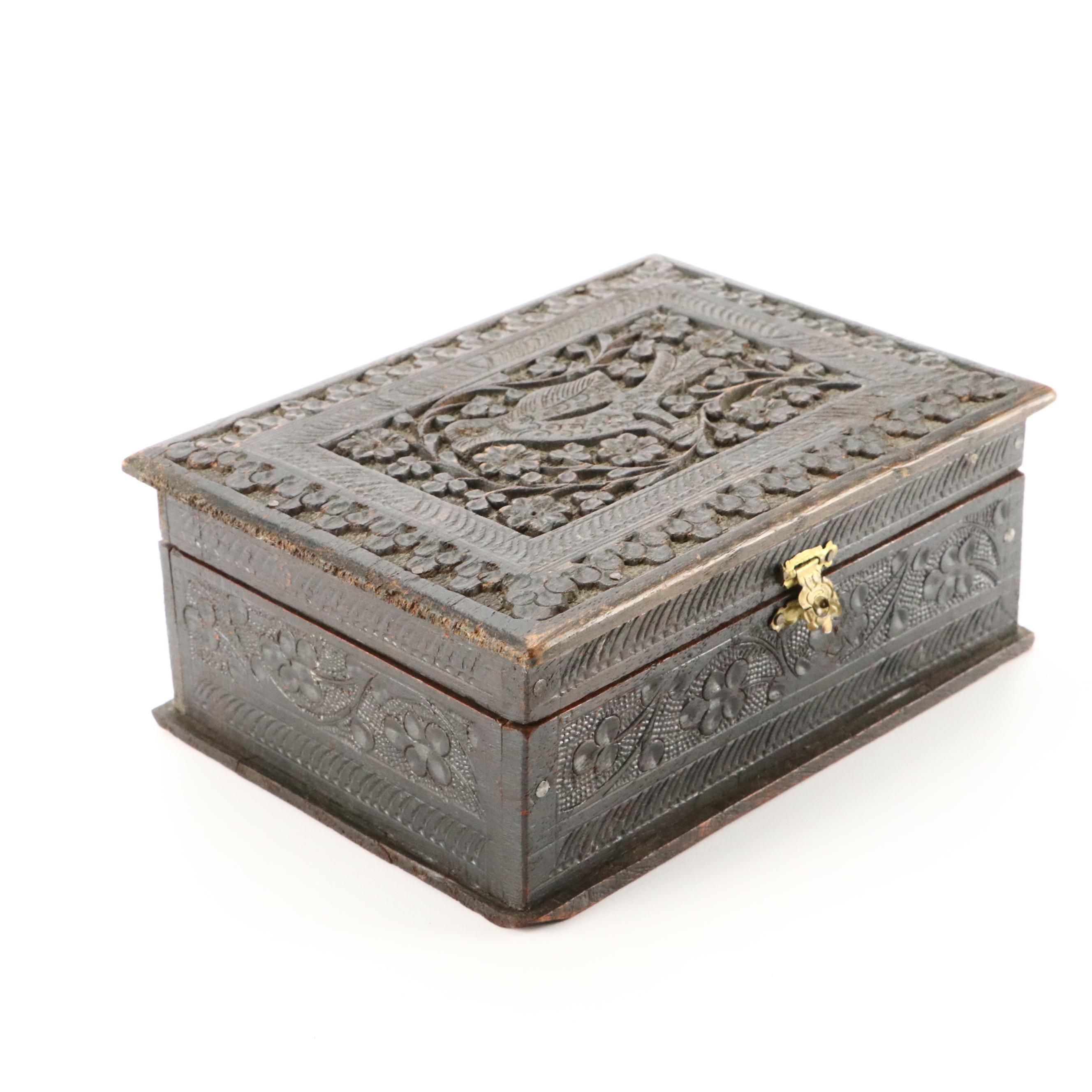 Antique Carved Wooden Jewelry Box