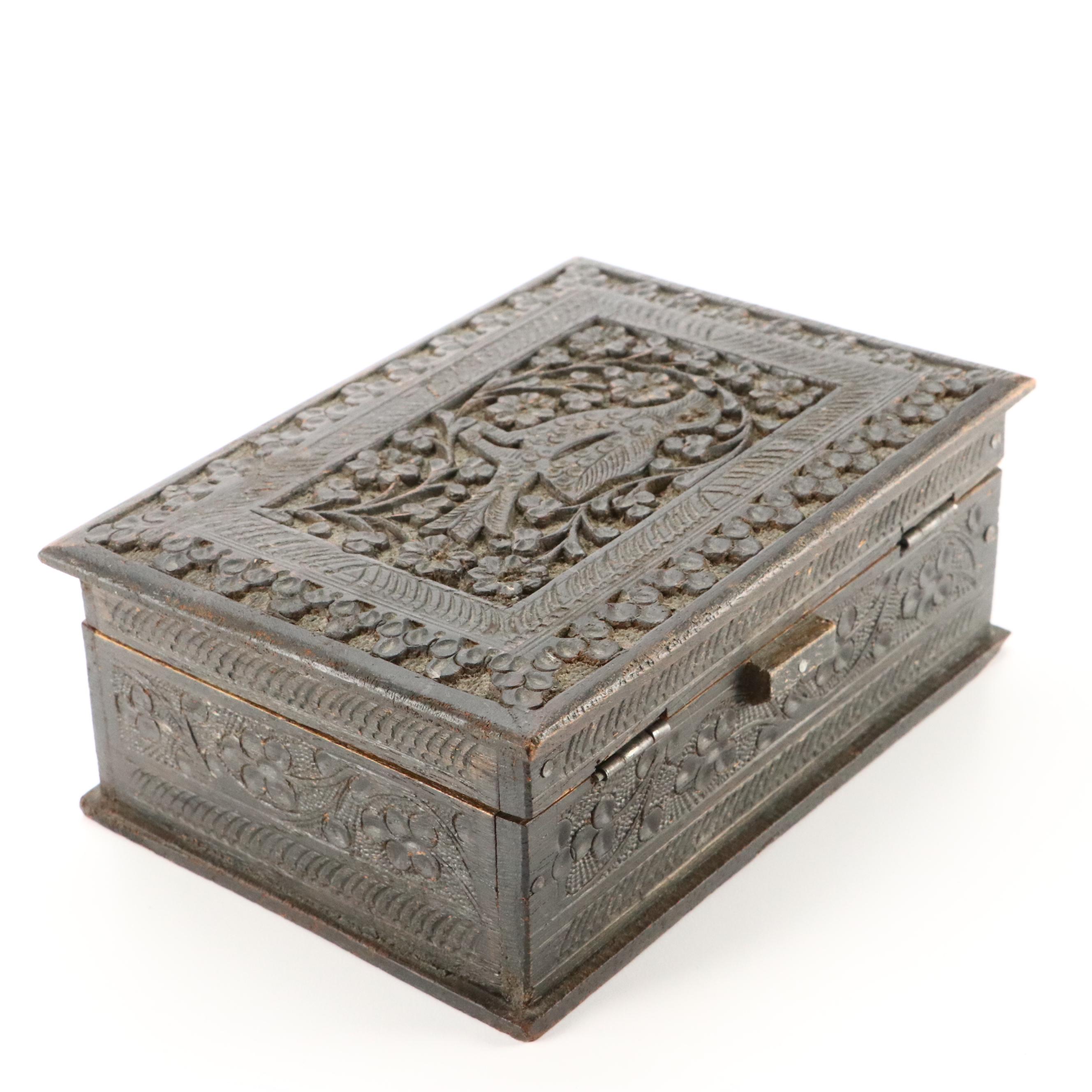 Antique Carved Wooden Jewelry Box