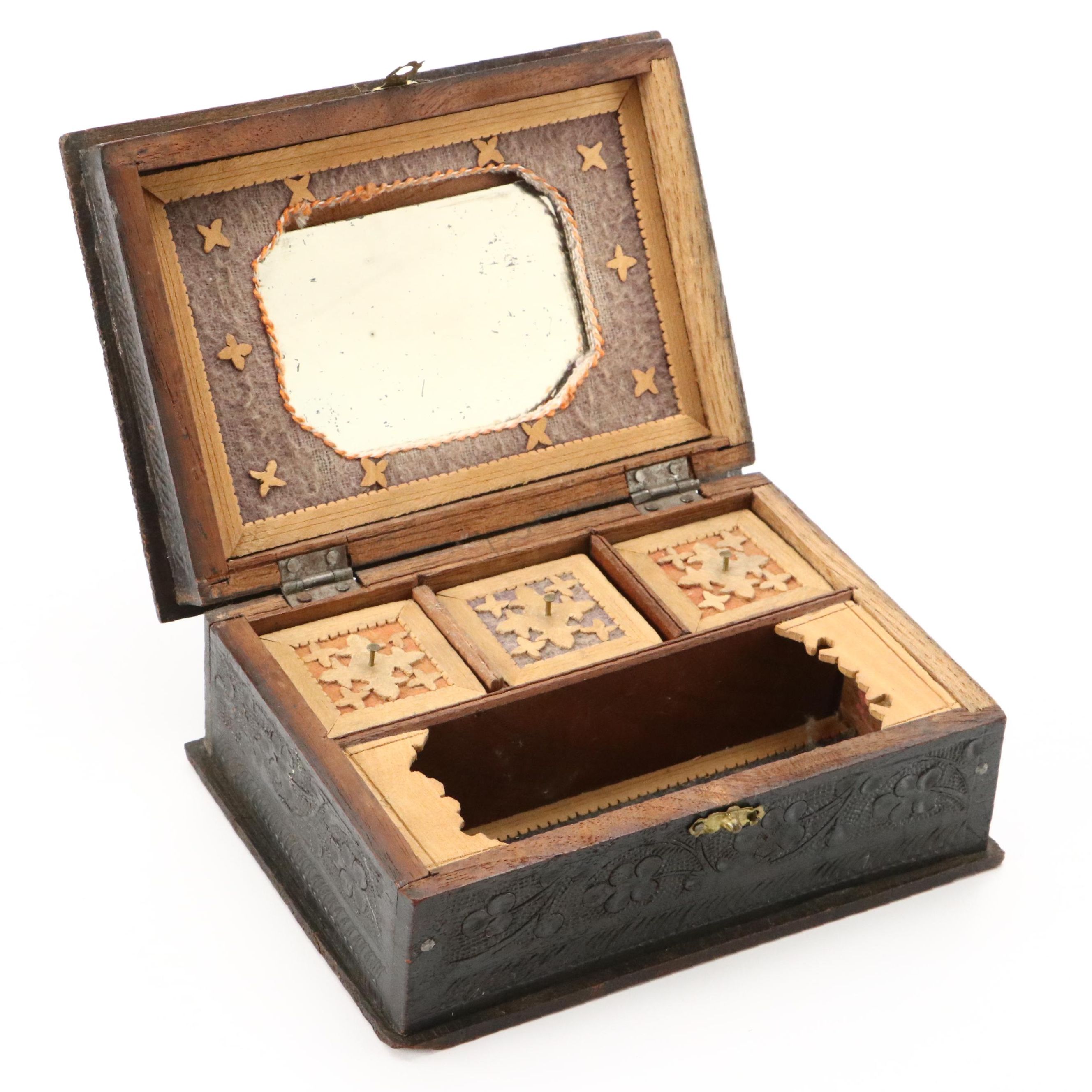 Antique Carved Wooden Jewelry Box