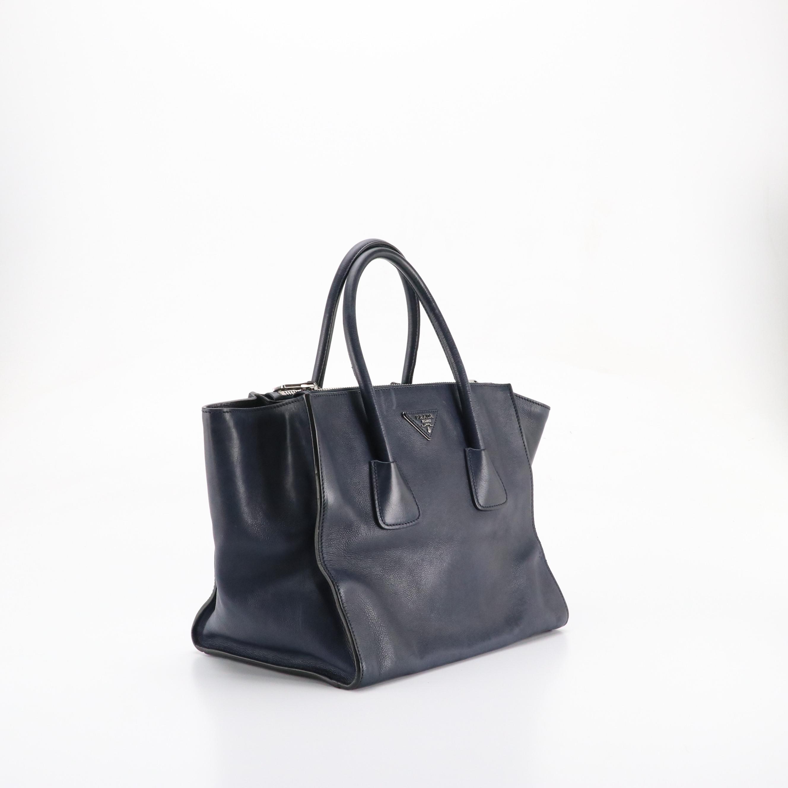 Prada Twin Pocket Tote in Baltico Blue Glazed Calfskin Leather