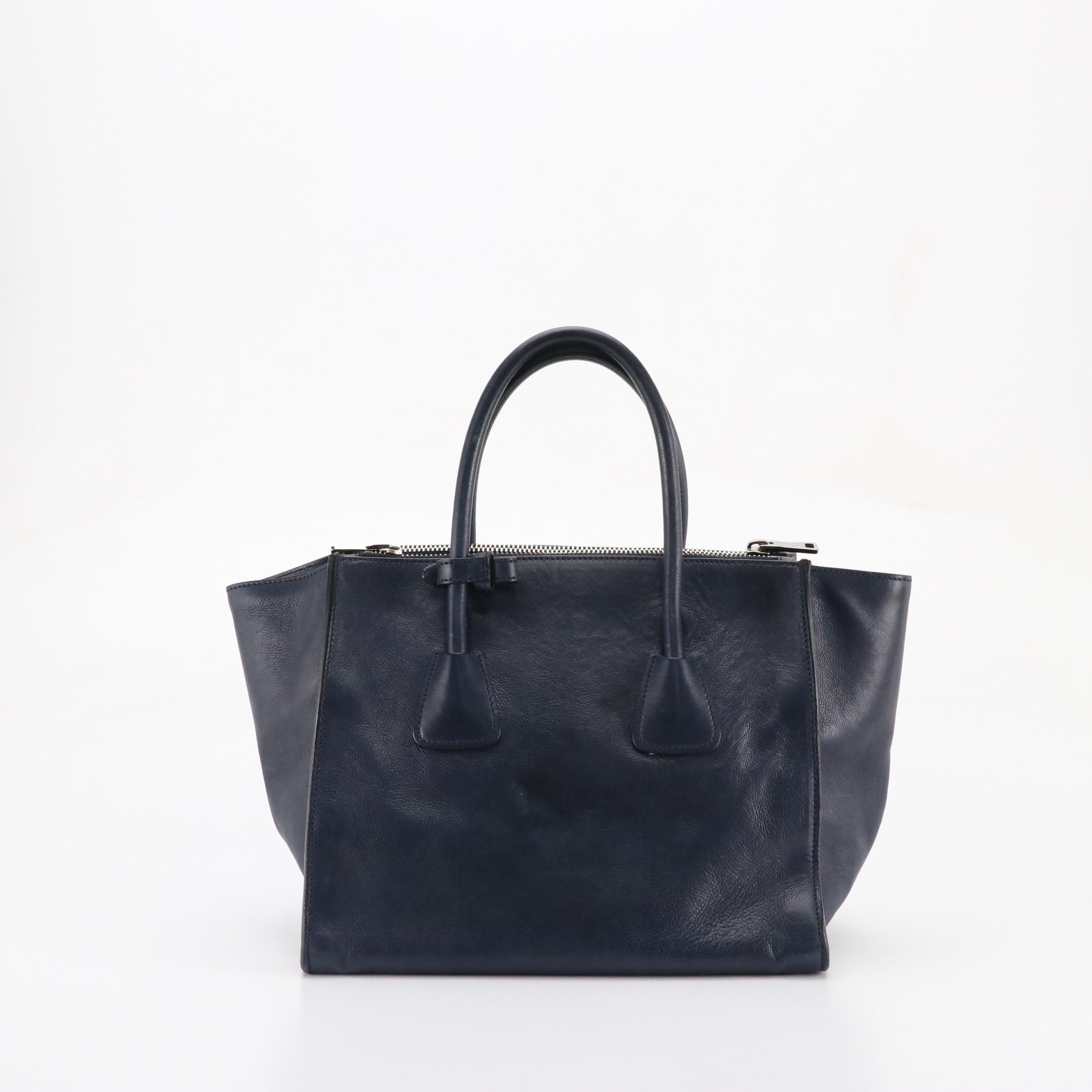 Prada Twin Pocket Tote in Baltico Blue Glazed Calfskin Leather
