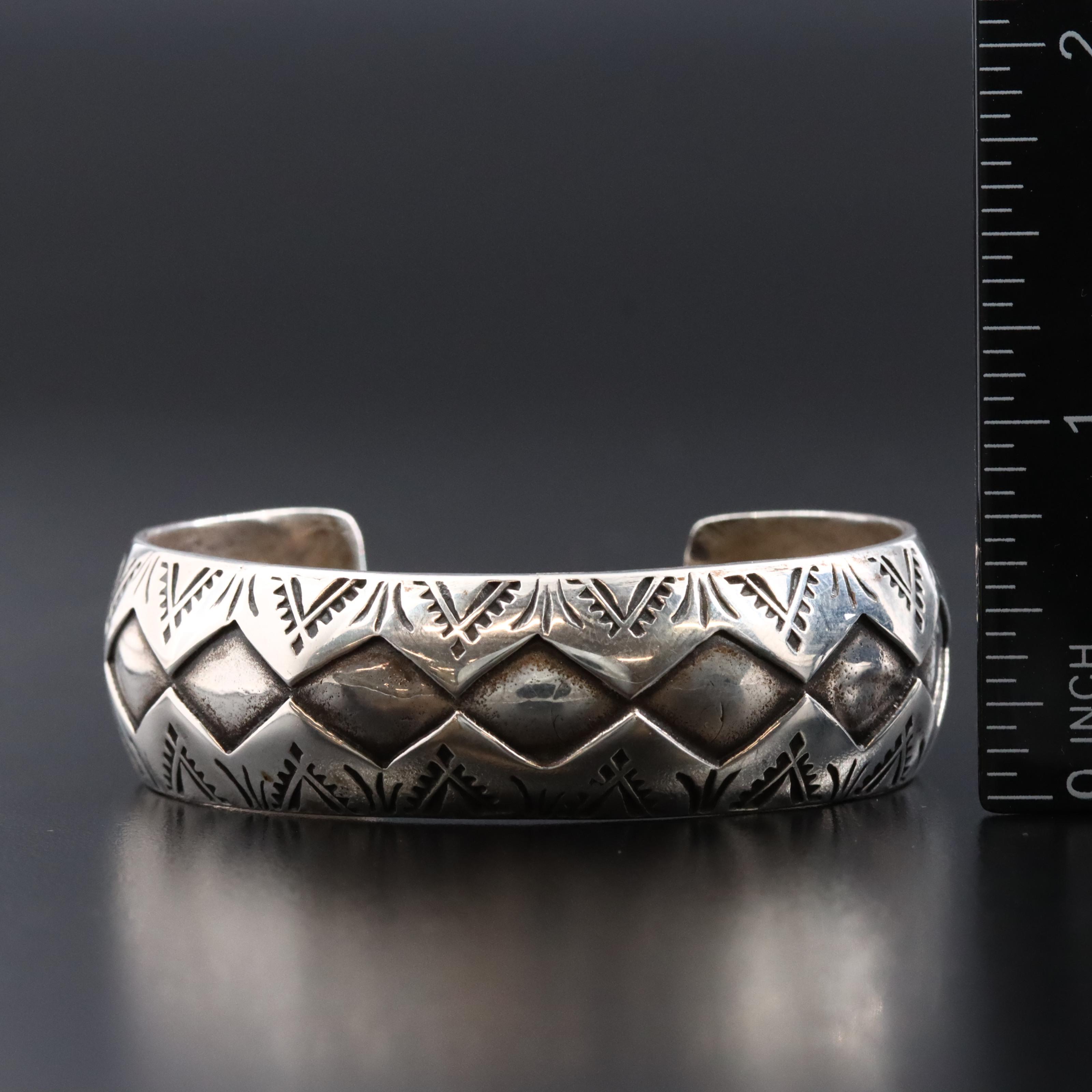 Southwestern Signed Sterling Stampwork Cuff Bracelet
