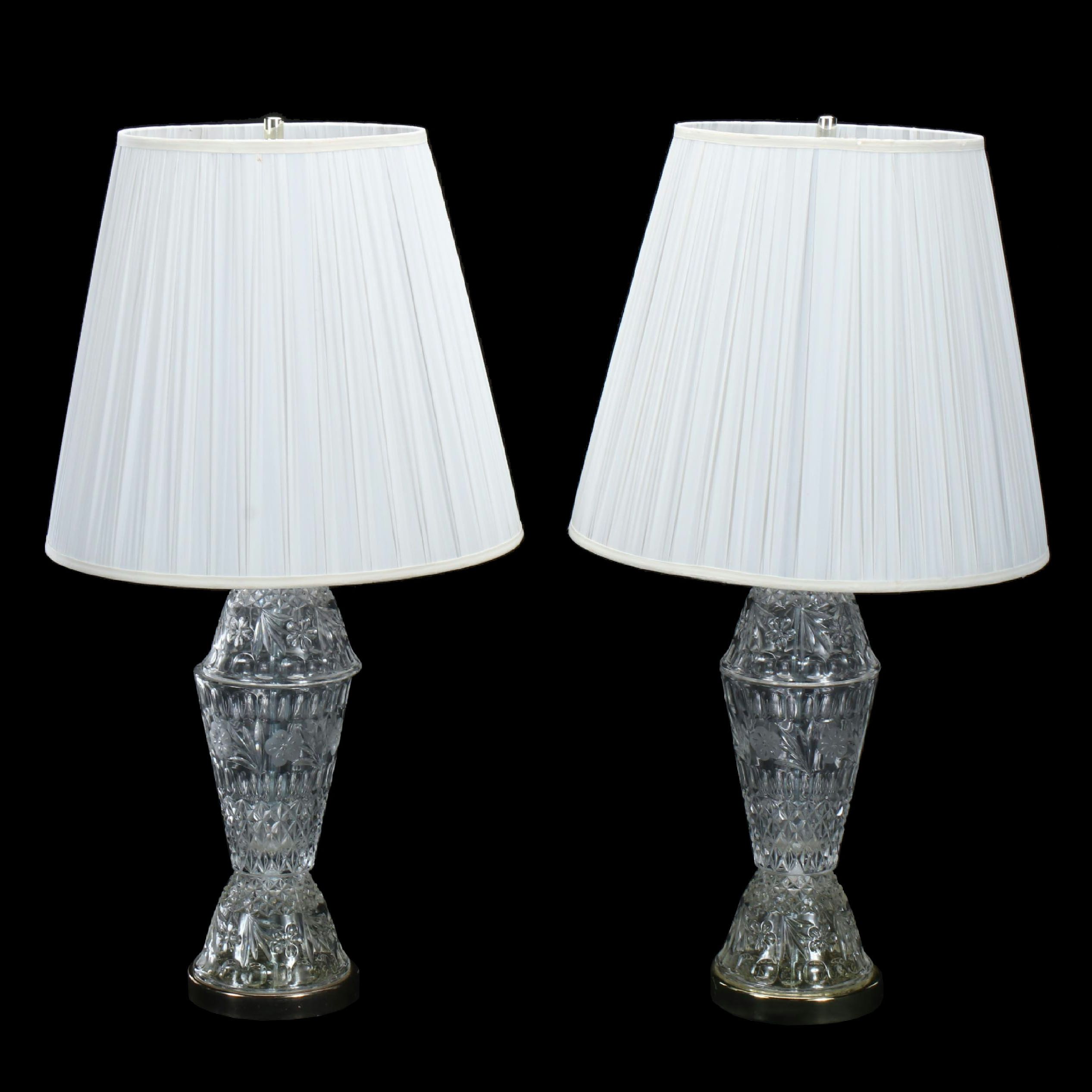 Pair of Victorian Style Glass Table Lamps with Pleated Shades, Vintage