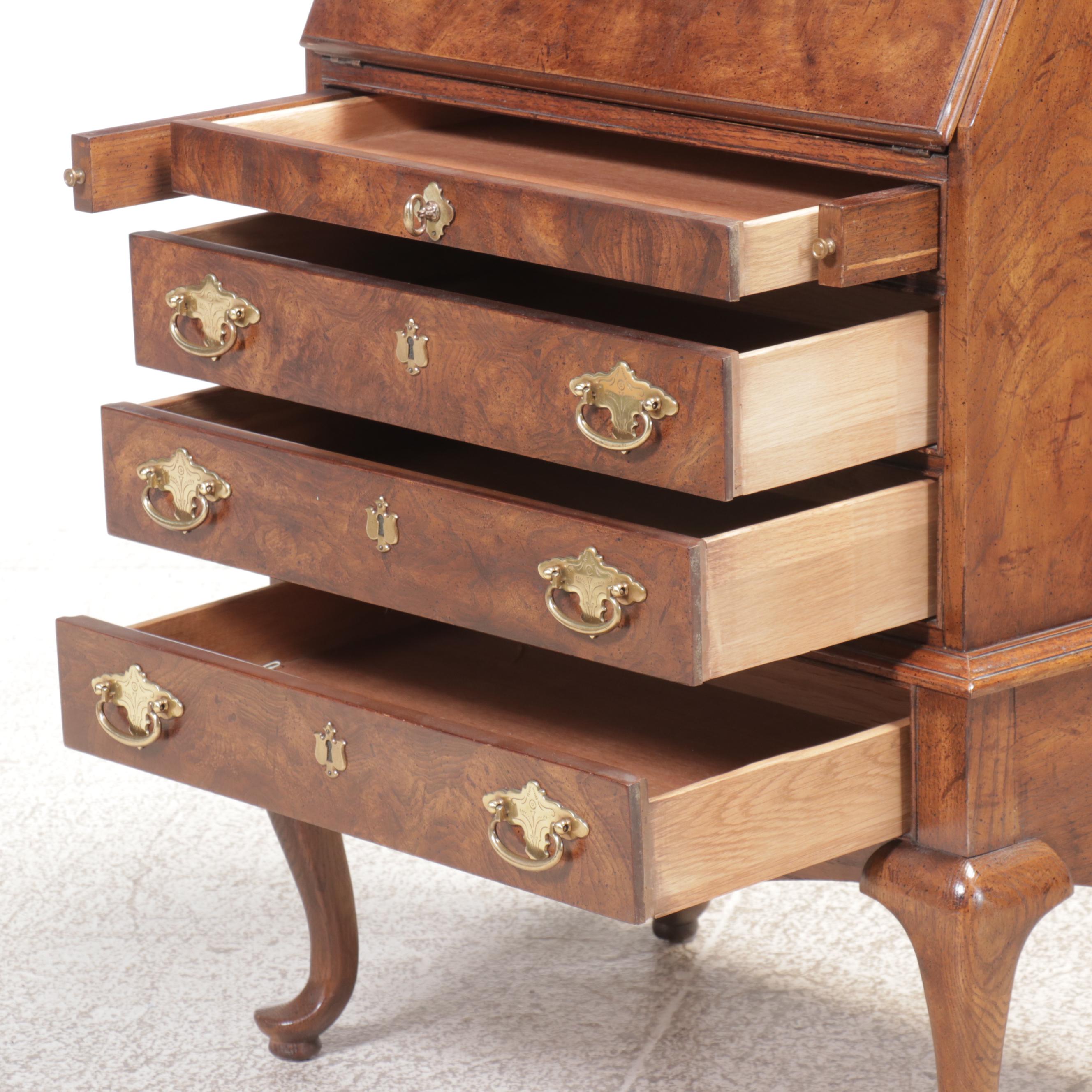 National Mt. Airy Queen Anne Style Burl Walnut Finish Secretary Desk