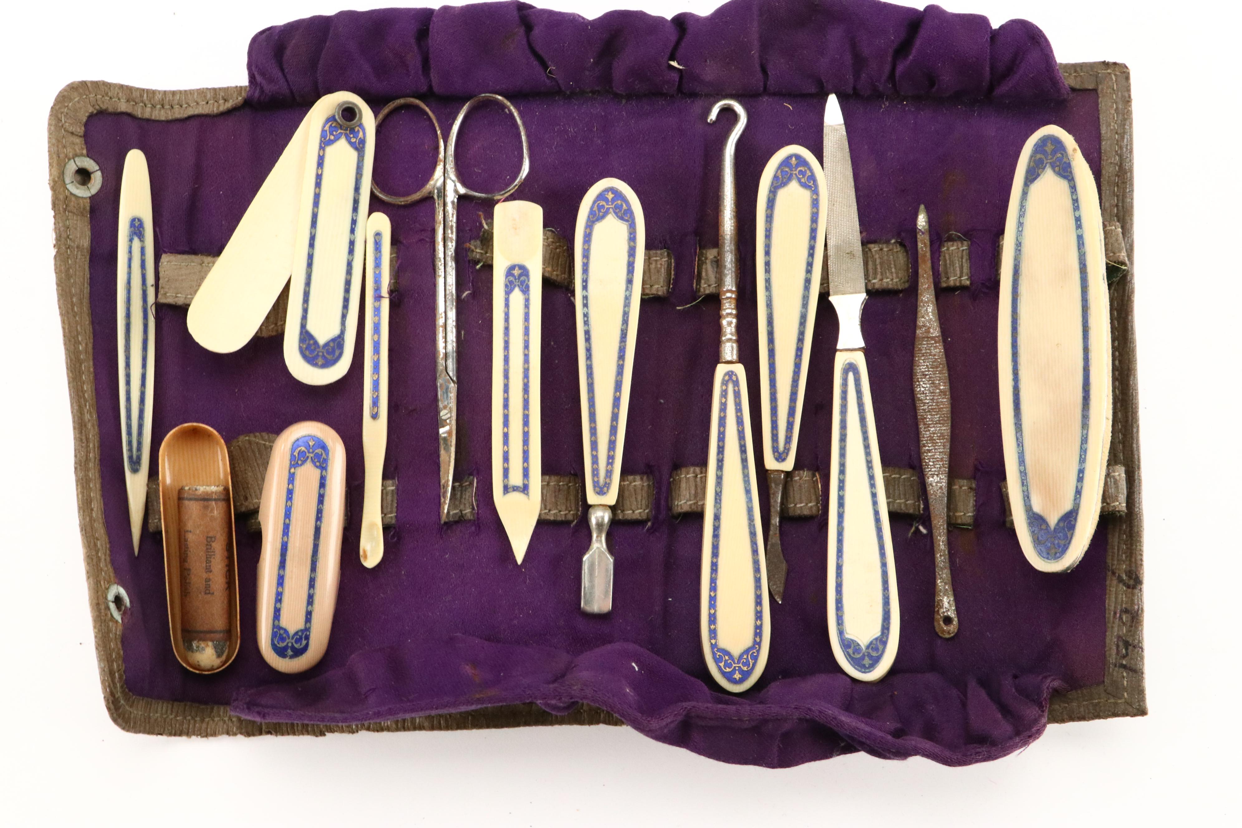 Blue and Gold French Ivory and Metal Manicure Set with Fabric Case