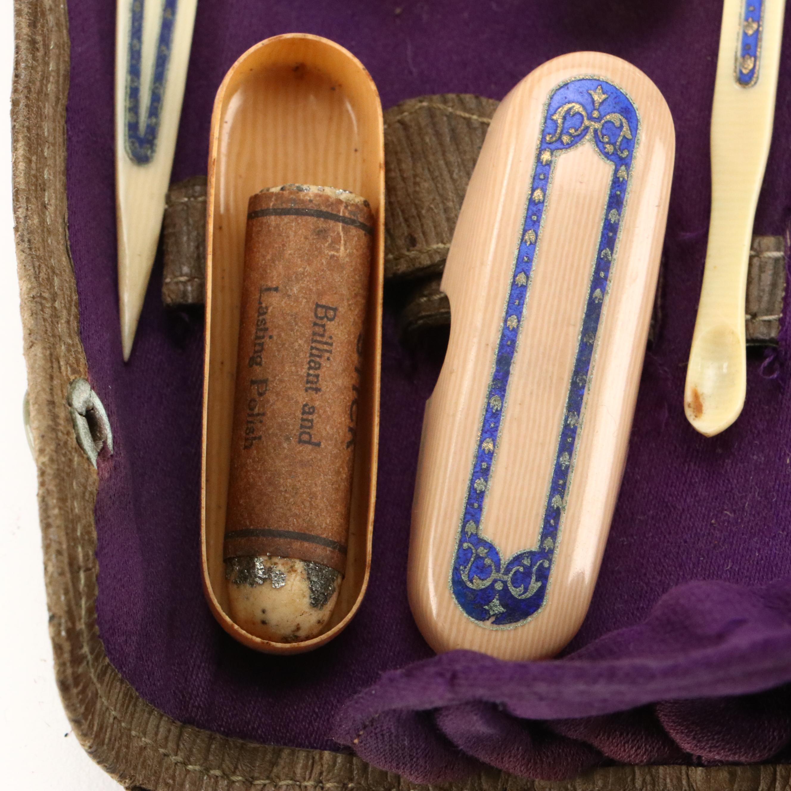 Blue and Gold French Ivory and Metal Manicure Set with Fabric Case
