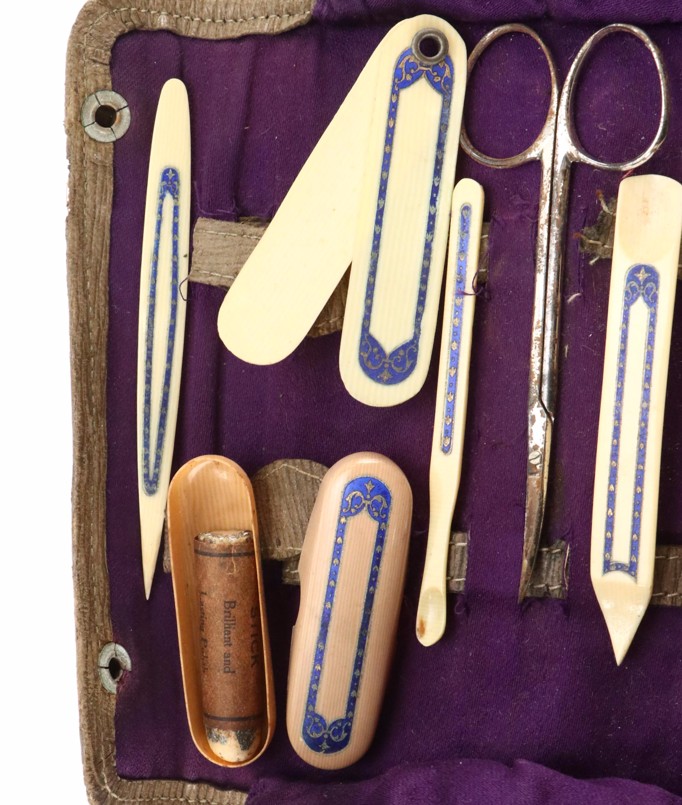 Blue and Gold French Ivory and Metal Manicure Set with Fabric Case
