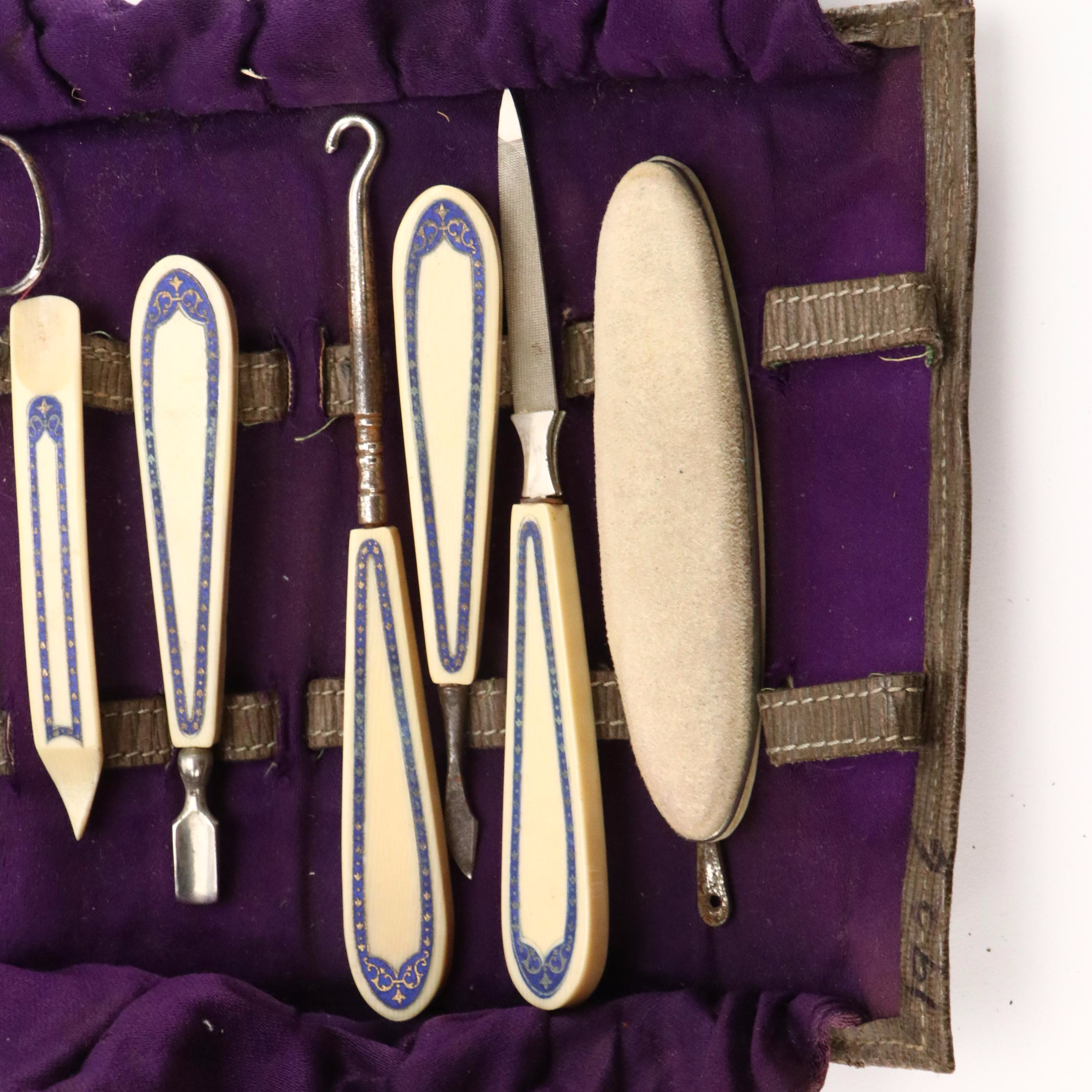 Blue and Gold French Ivory and Metal Manicure Set with Fabric Case