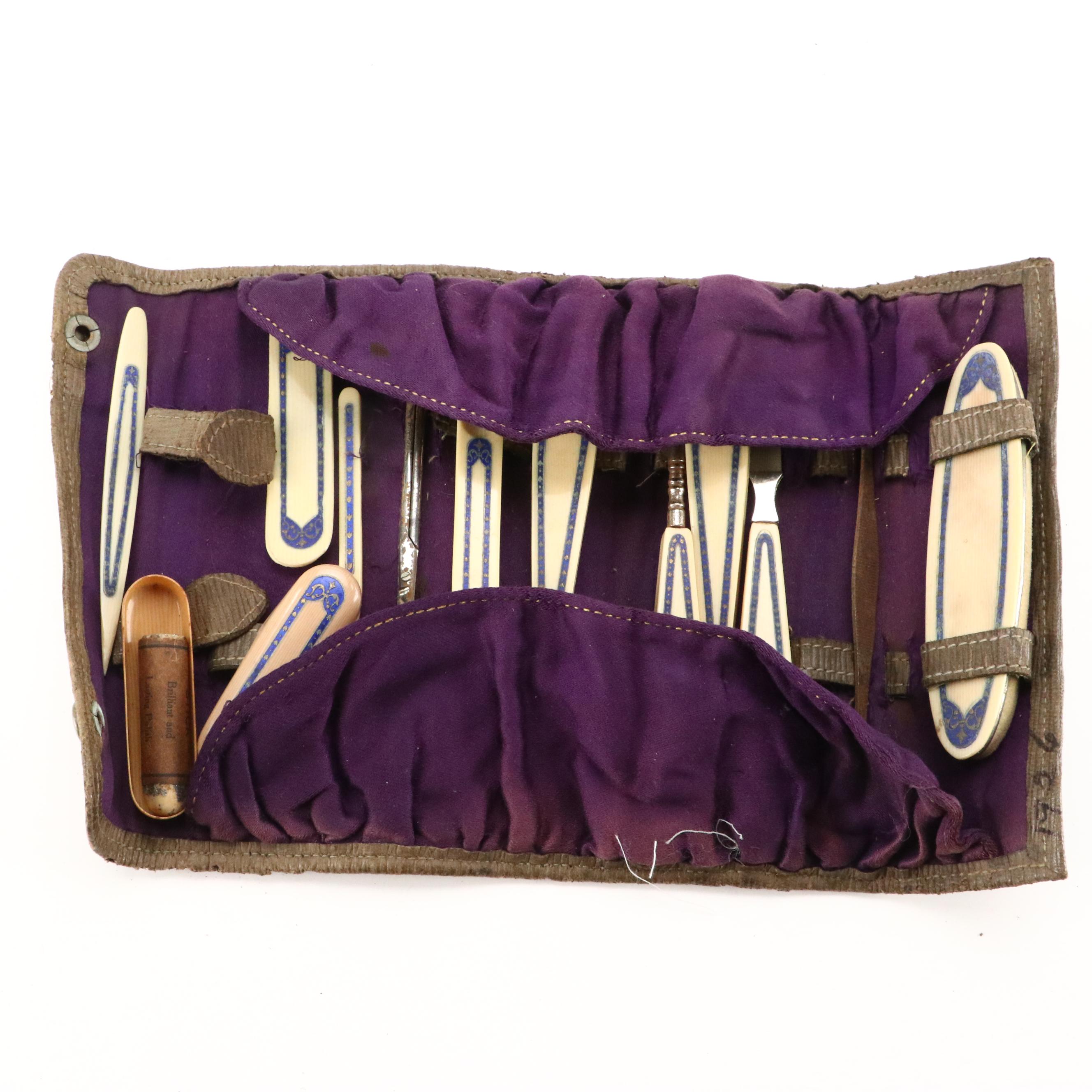 Blue and Gold French Ivory and Metal Manicure Set with Fabric Case