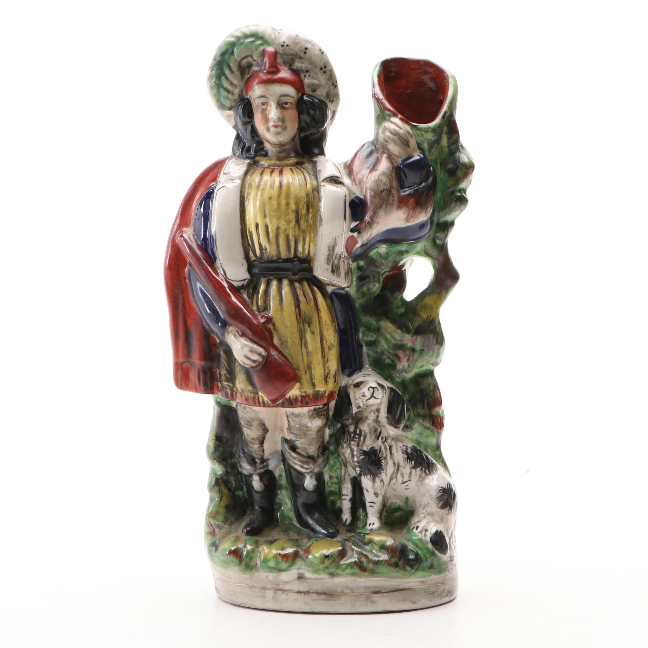English Staffordshire Style Hunter and Dog Spill Vase with Figurine