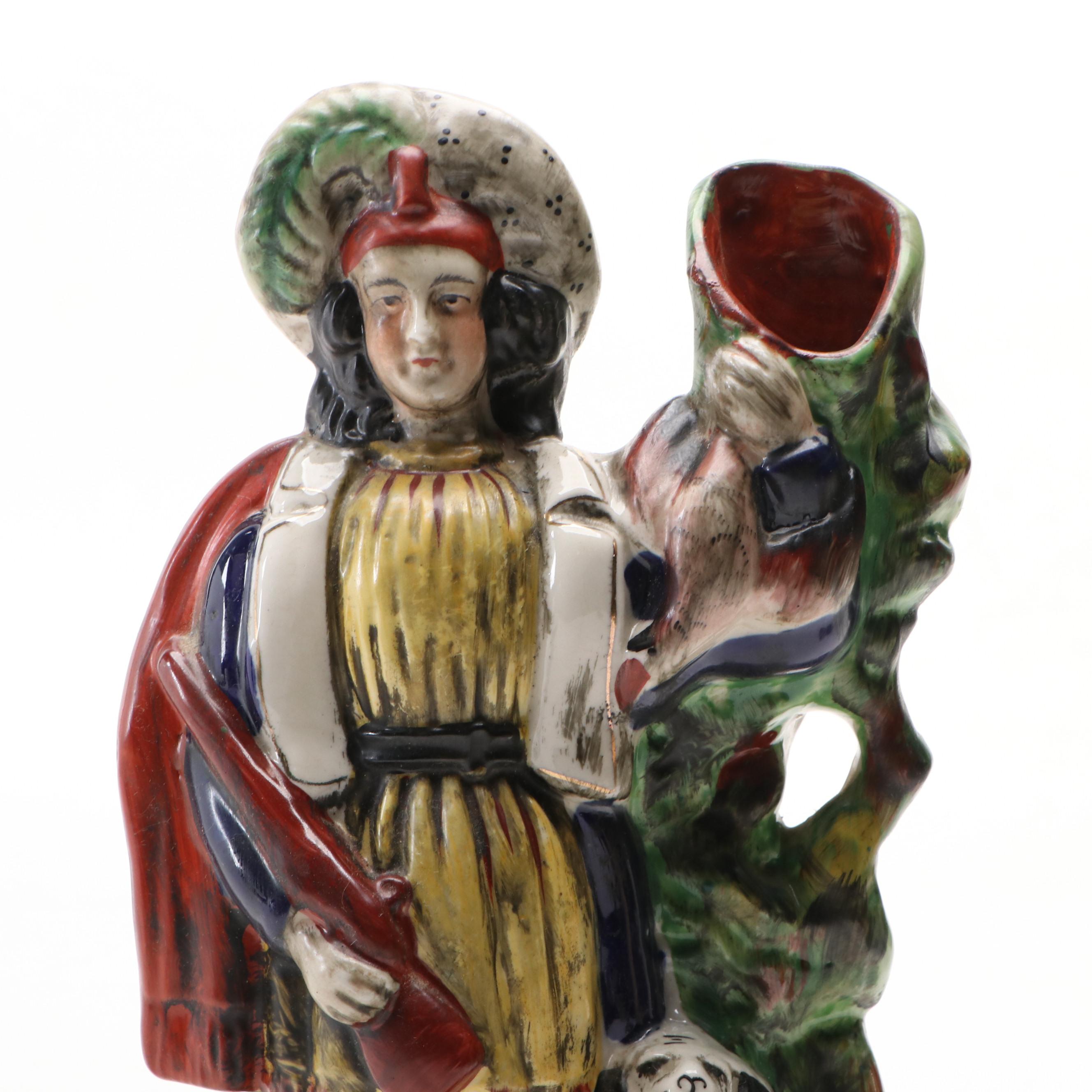 English Staffordshire Style Hunter and Dog Spill Vase with Figurine