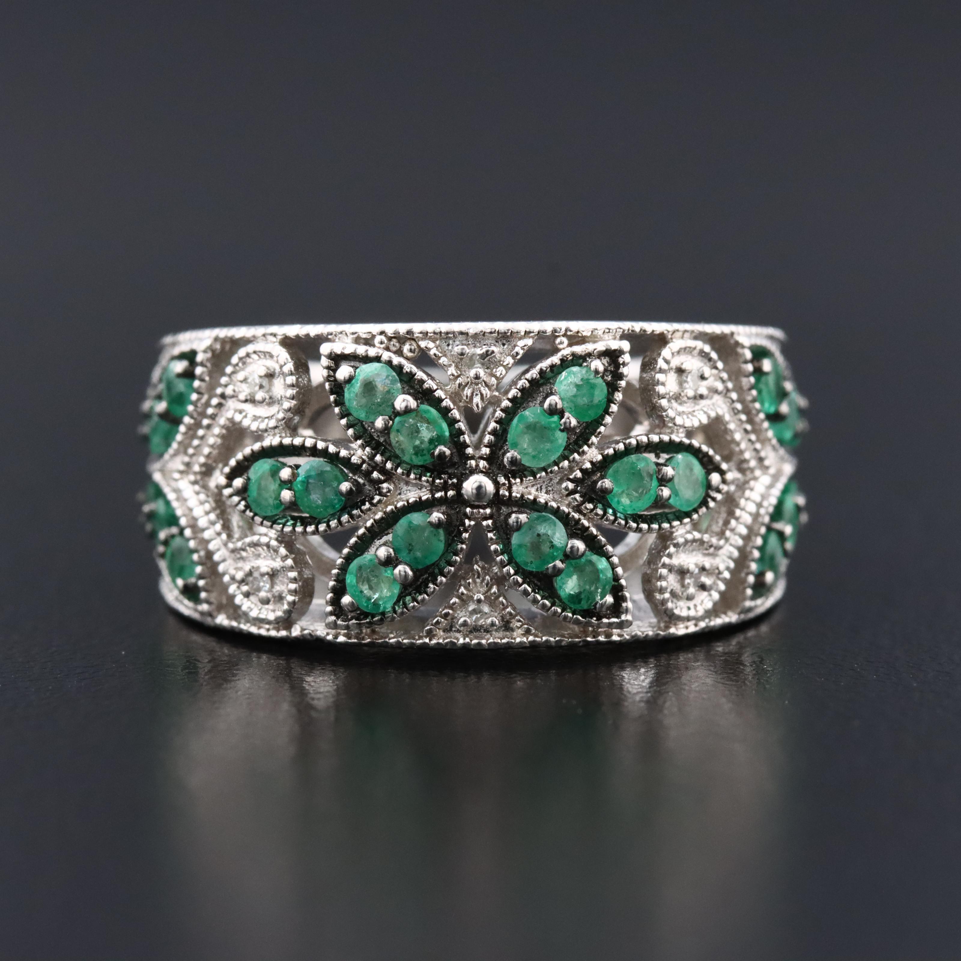 Sterling Silver Emerald and 0.02 CTW Diamond Ring