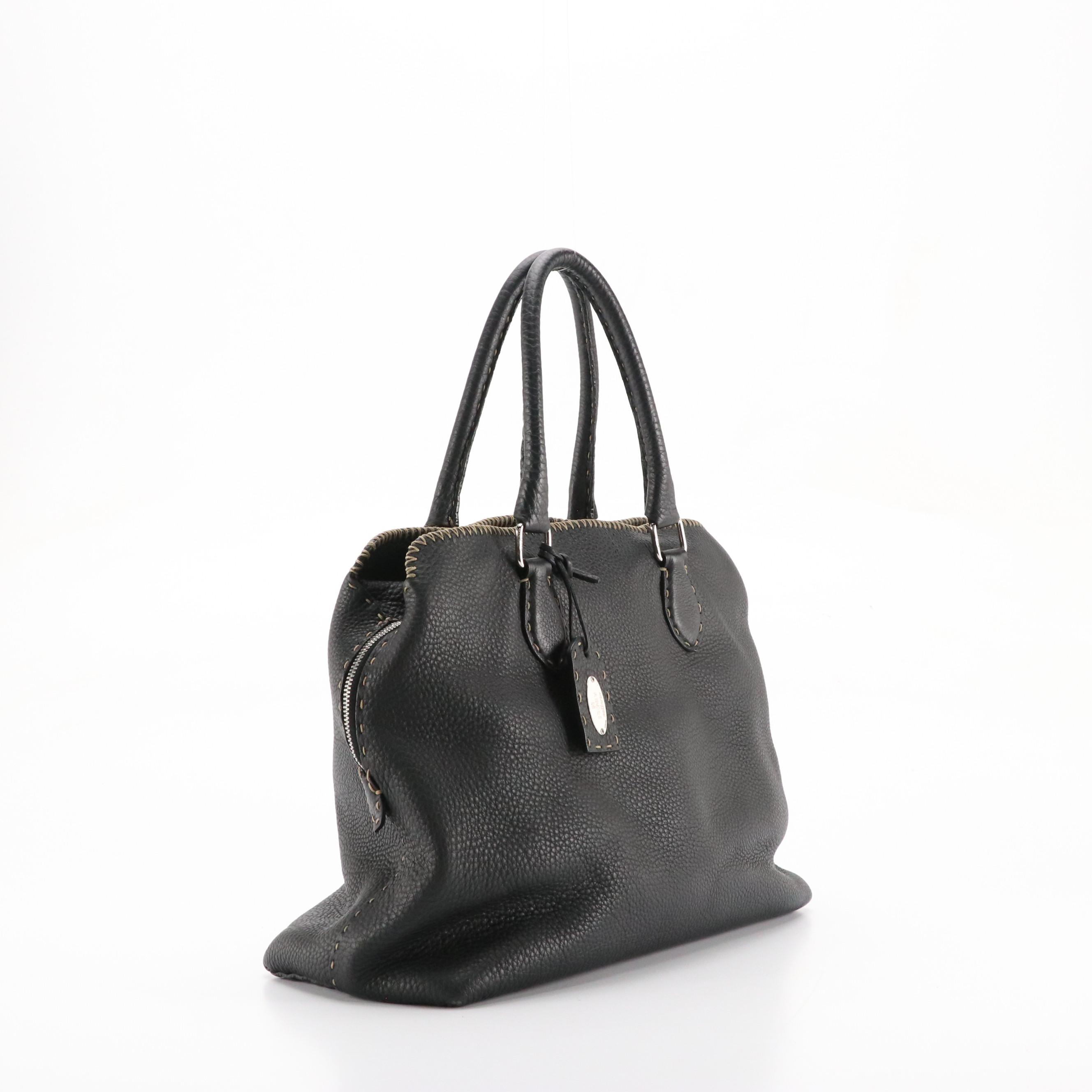 Fendi Selleria Dome Shoulder Bag in Black Grained Calfskin Leather w/ Stitching