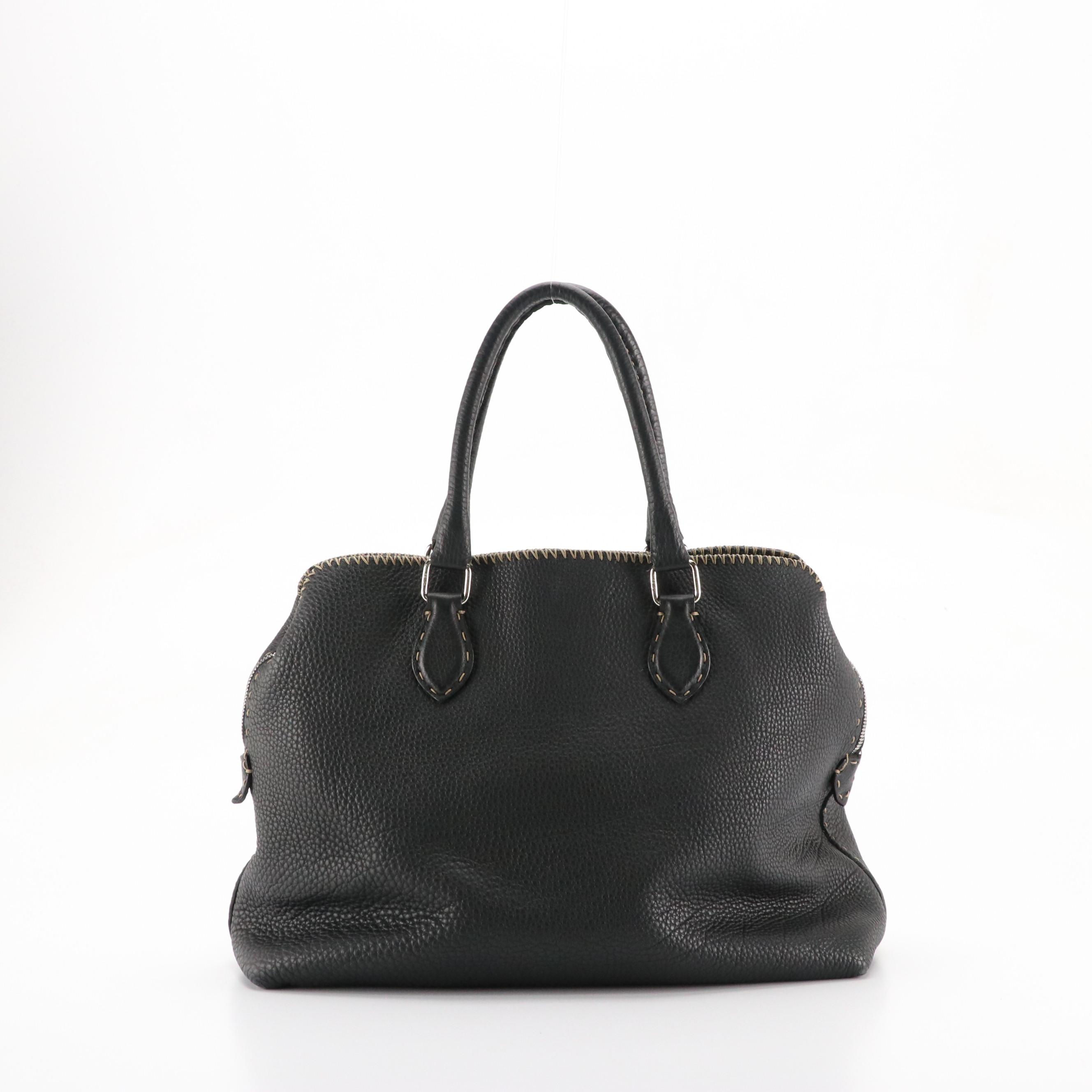 Fendi Selleria Dome Shoulder Bag in Black Grained Calfskin Leather w/ Stitching