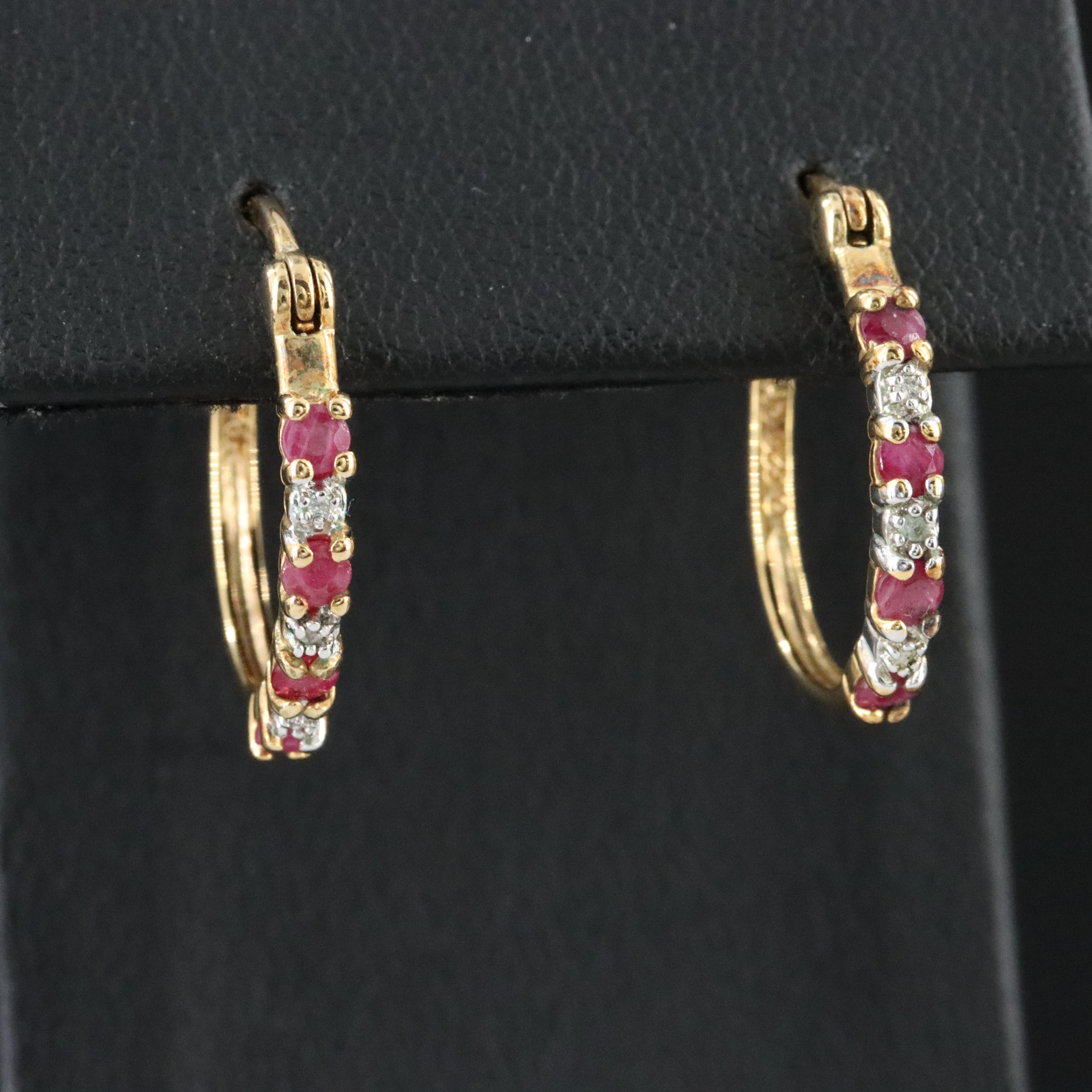 Sterling Silver Ruby and Diamond Hoop Earrings