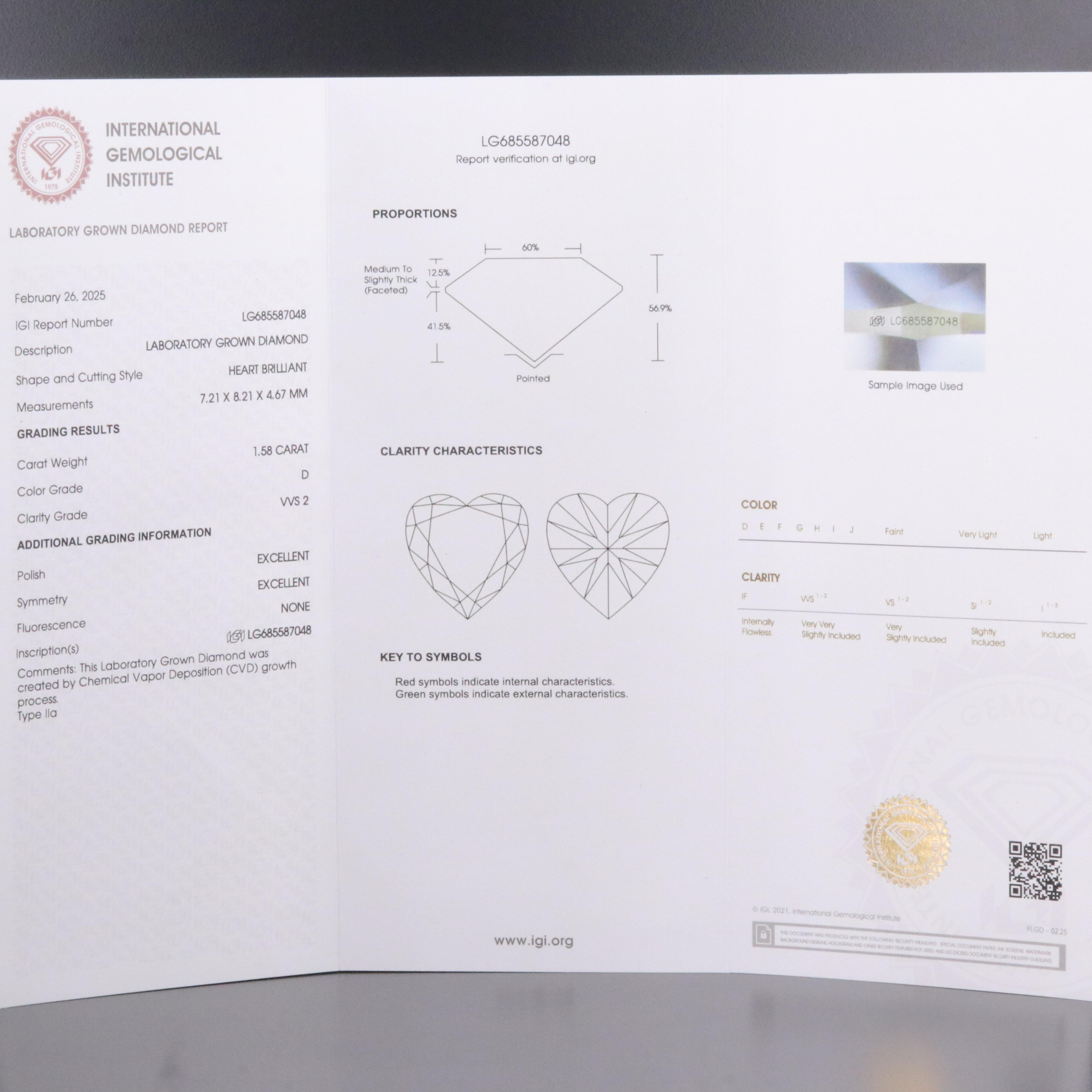 Loose 1.58 CT Lab Grown Diamond with IGI Report