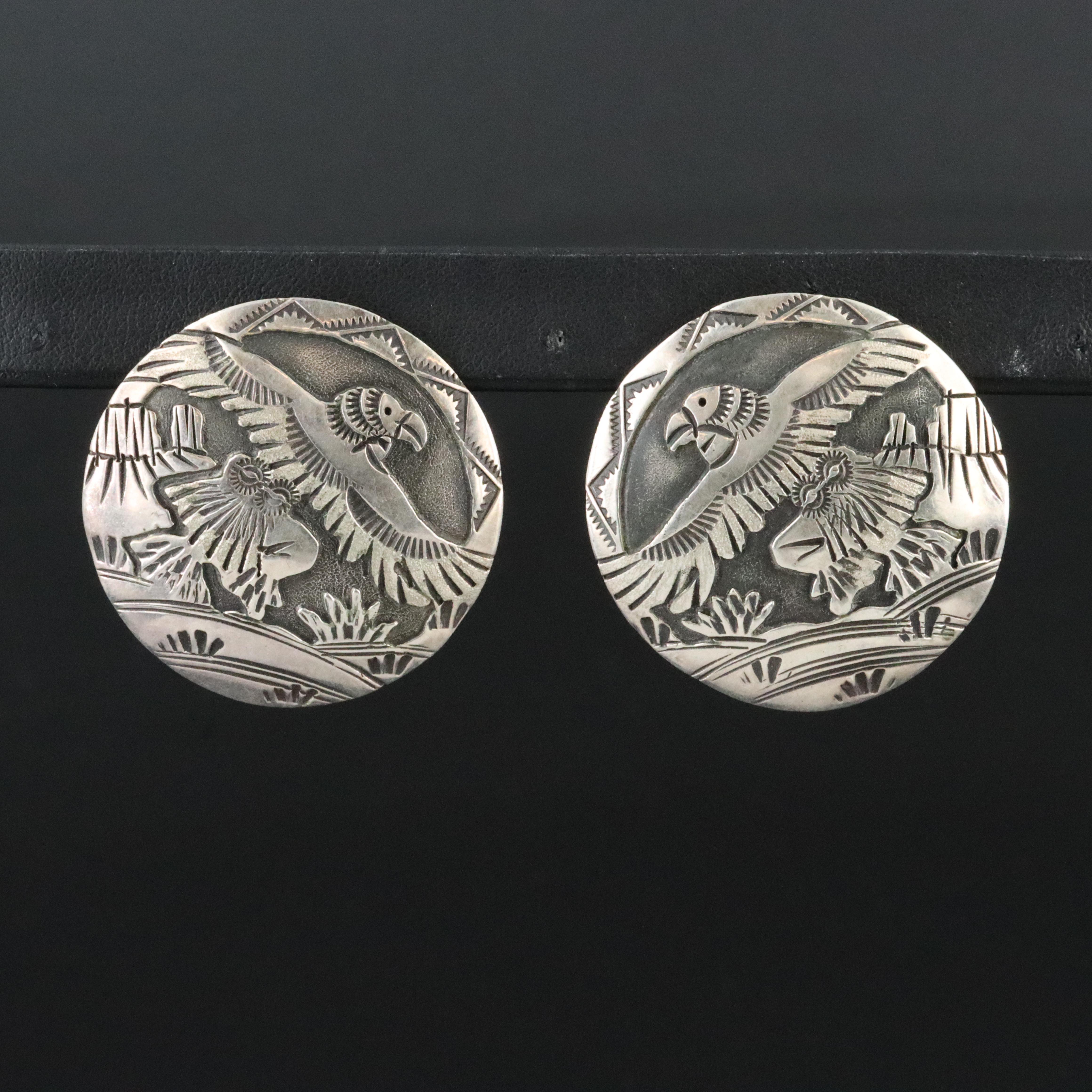 Southwestern Signed Sterling Eagle Dancer Overlay Earrings