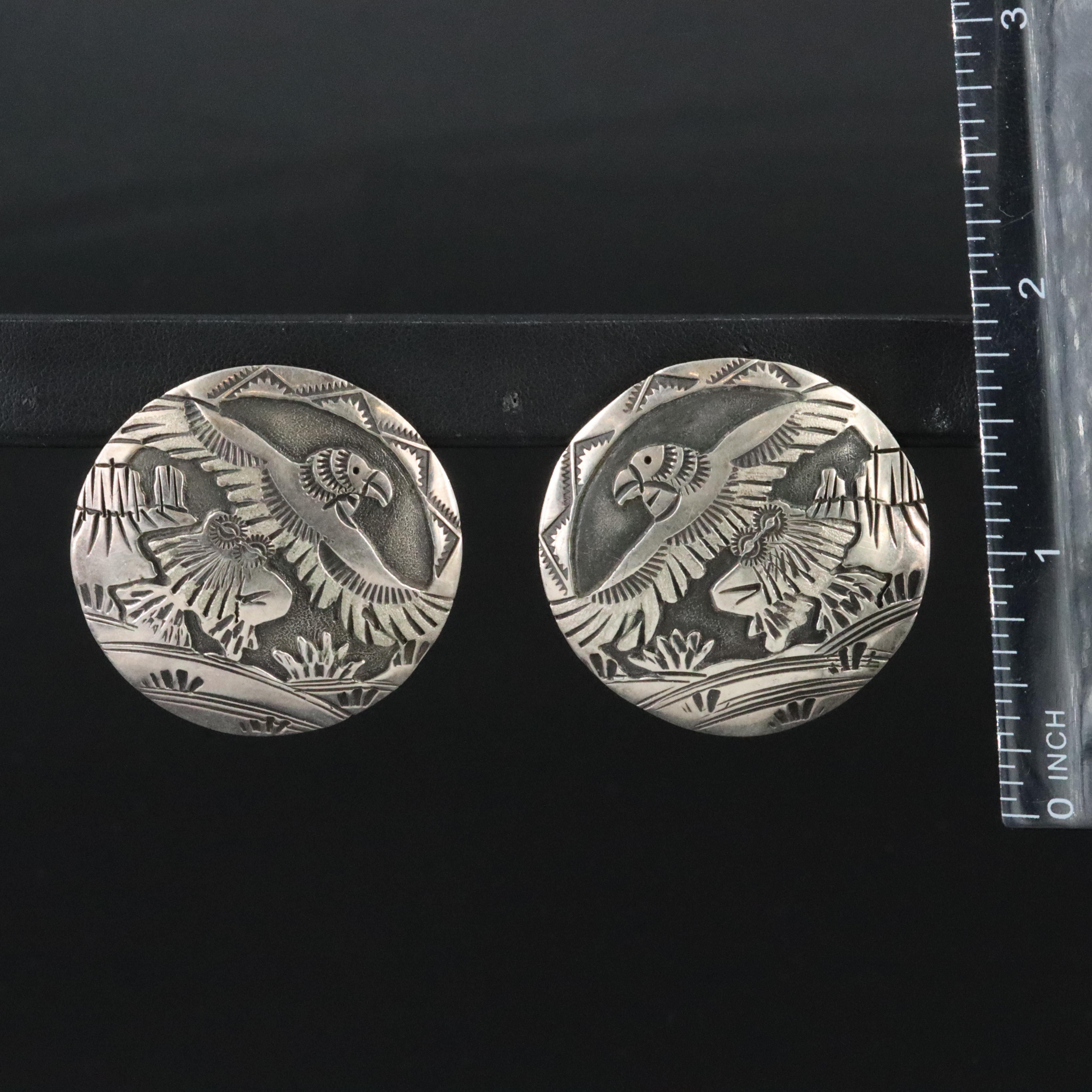 Southwestern Signed Sterling Eagle Dancer Overlay Earrings