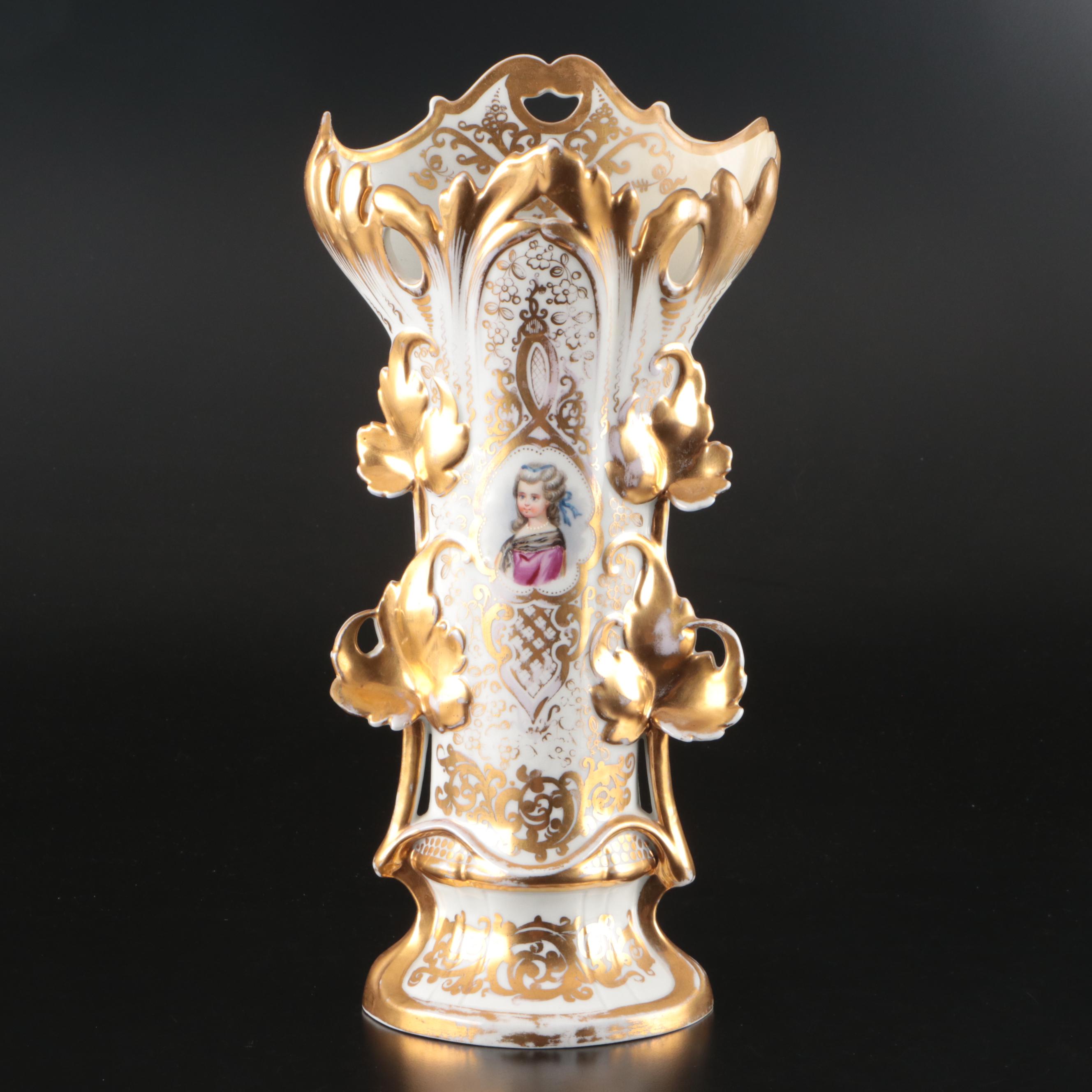 Rococo Style Gold Gilt Porcelain Vase with Female Portrait