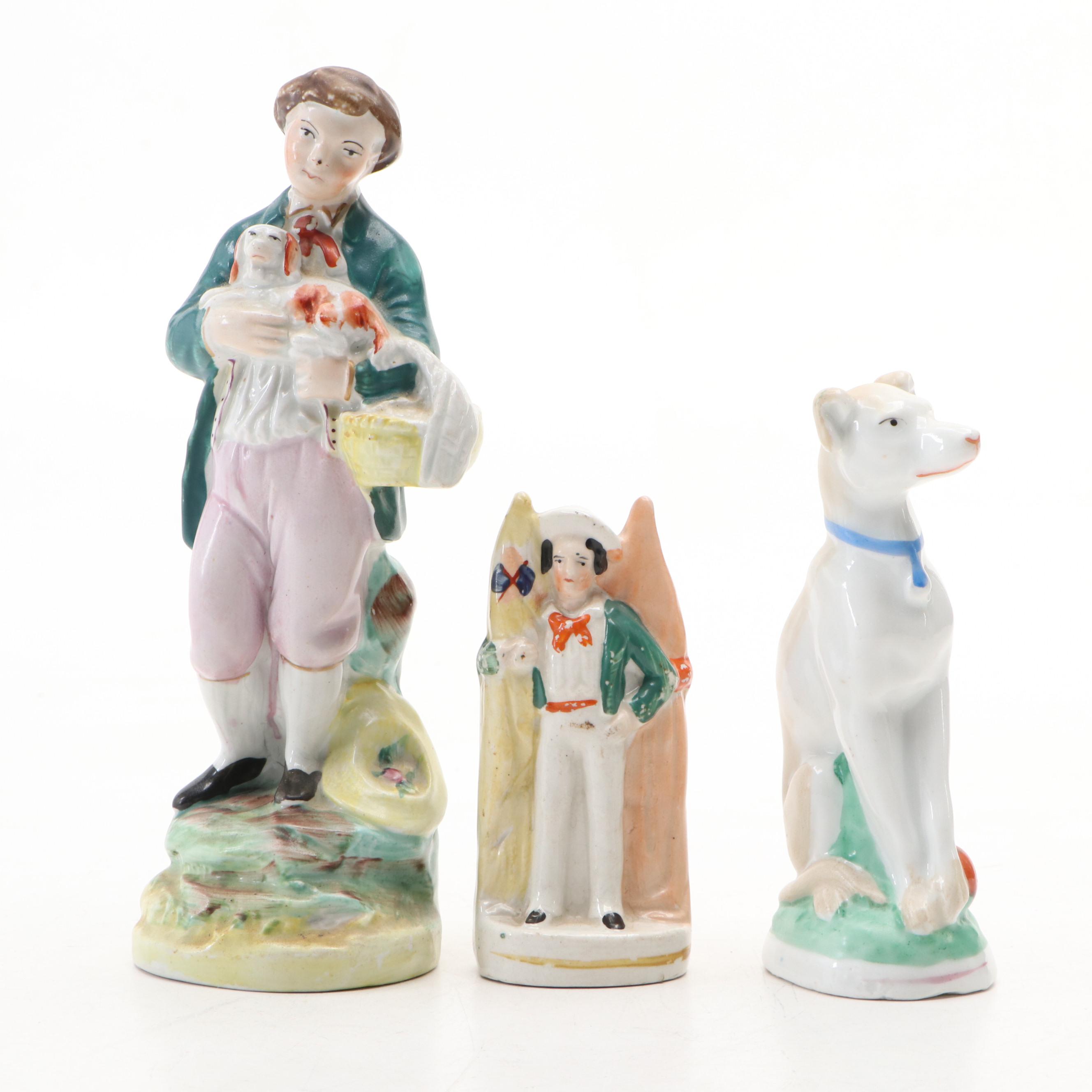 English Staffordshire Style Boy and Spaniel with Other Figurines