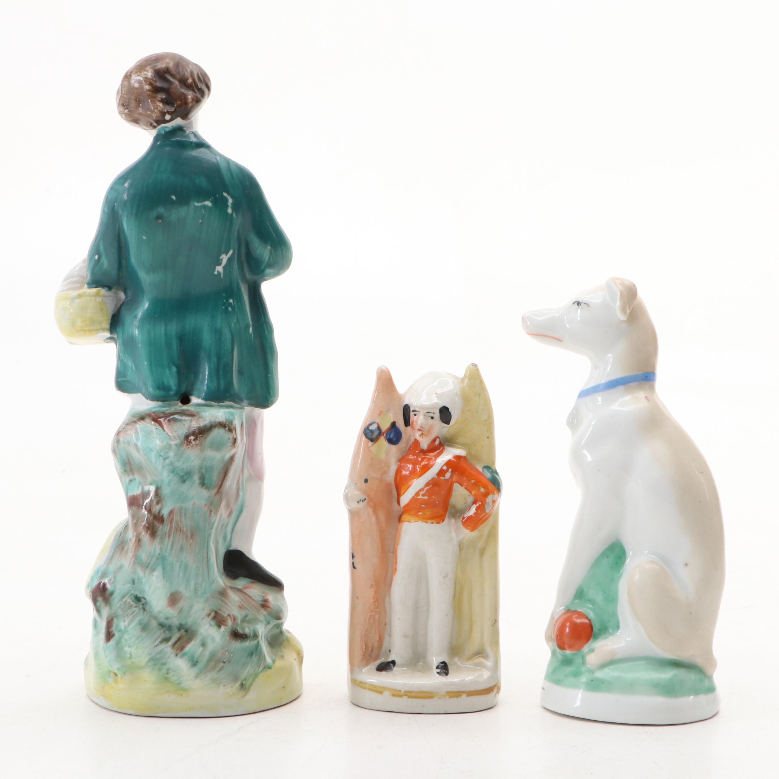 English Staffordshire Style Boy and Spaniel with Other Figurines