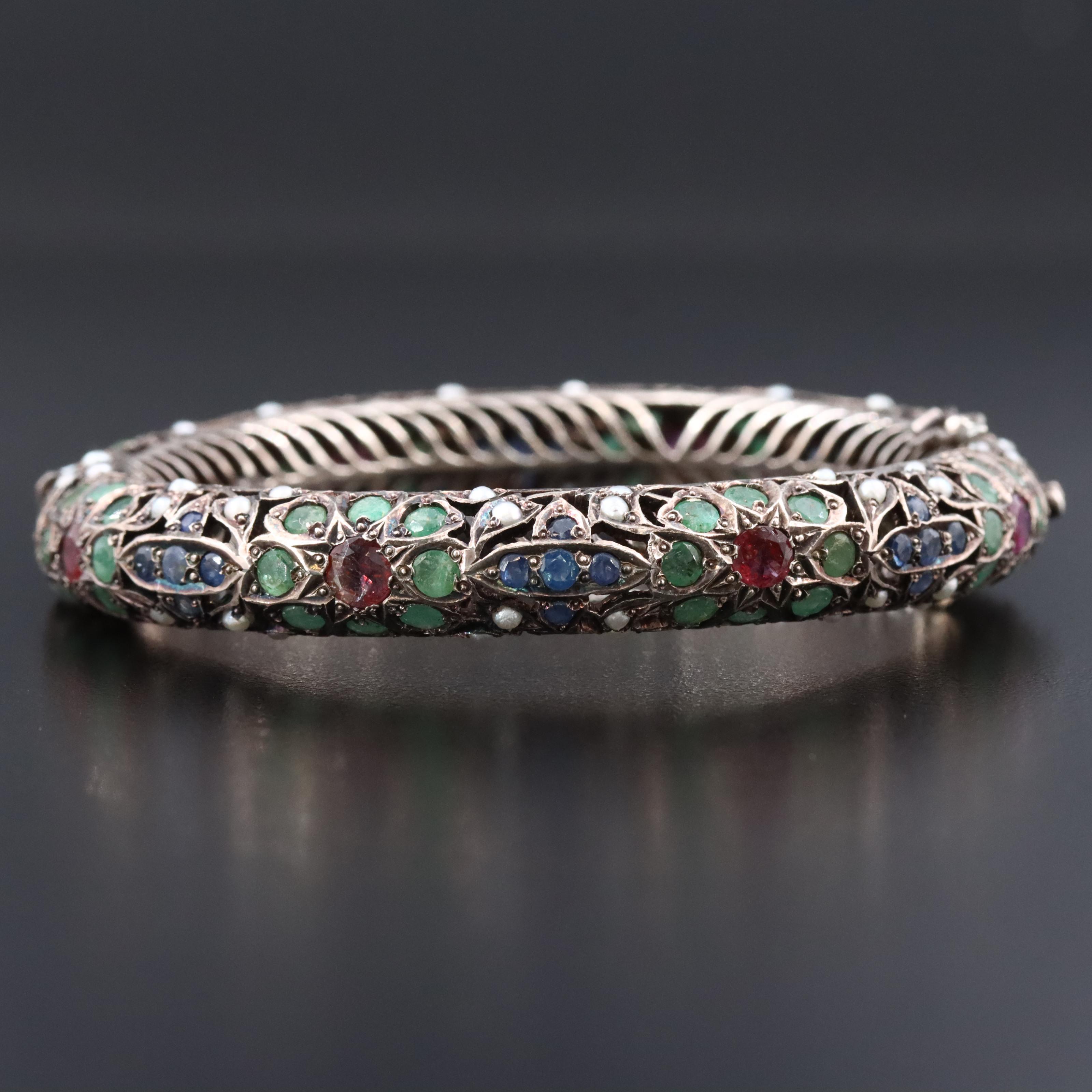 900 Silver Ruby, Sapphire, Emerald and Seed Pearl Bangle Bracelet