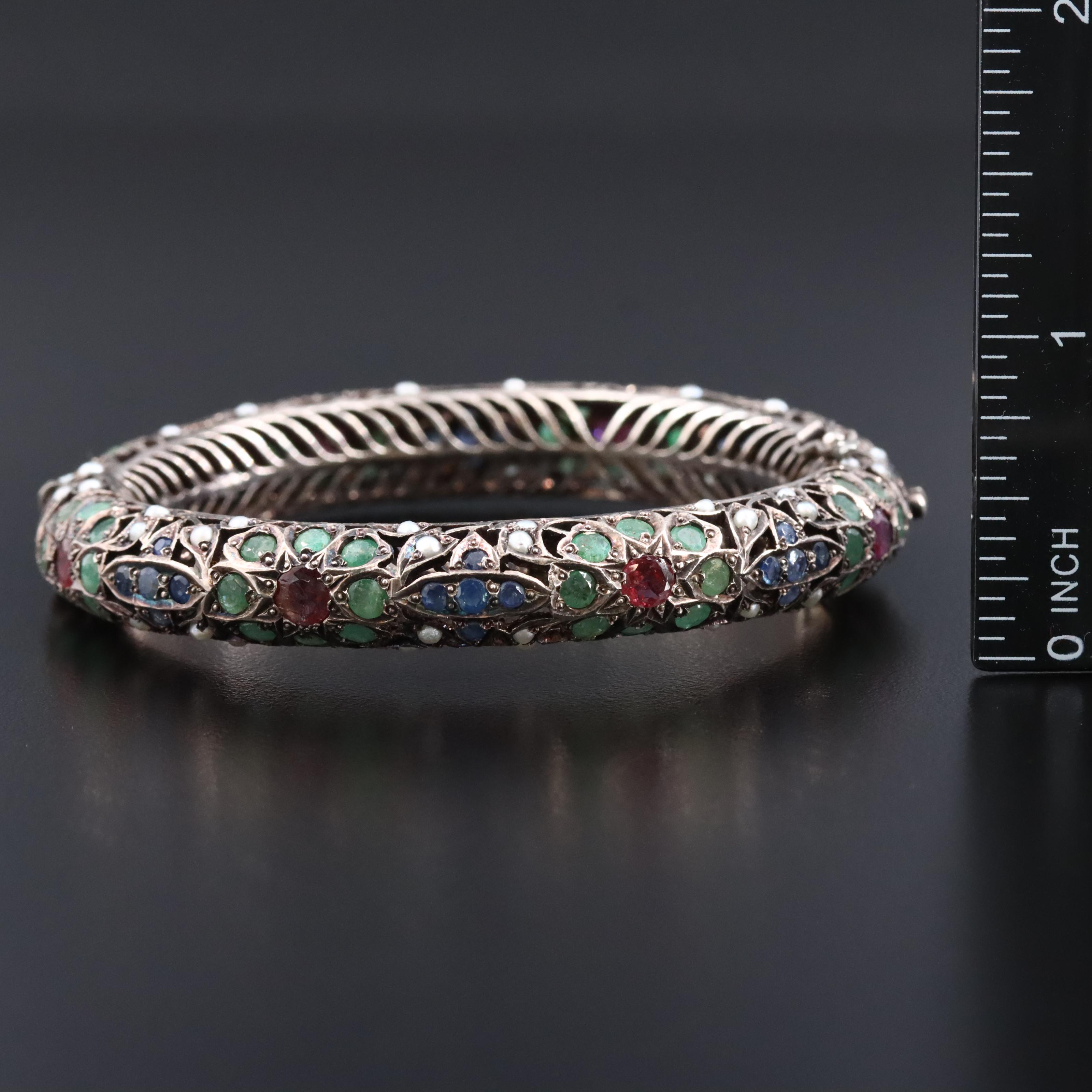 900 Silver Ruby, Sapphire, Emerald and Seed Pearl Bangle Bracelet