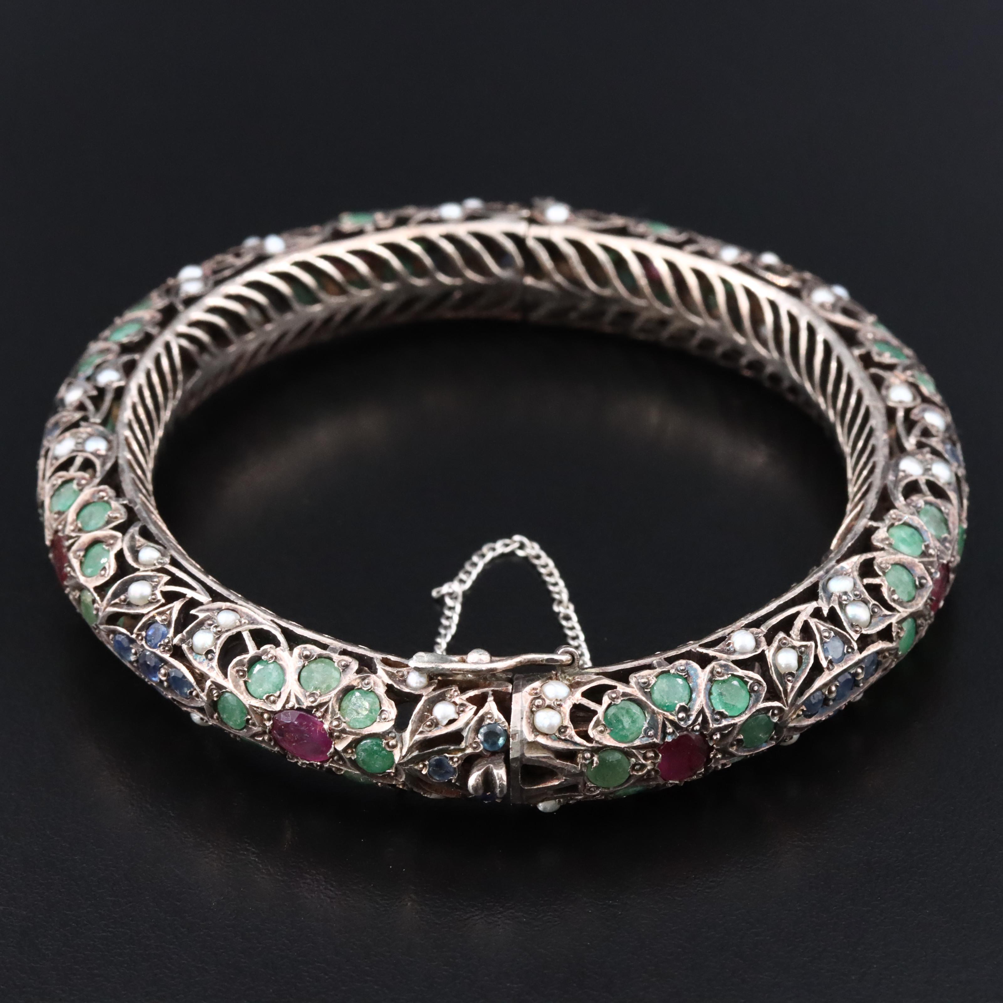 900 Silver Ruby, Sapphire, Emerald and Seed Pearl Bangle Bracelet