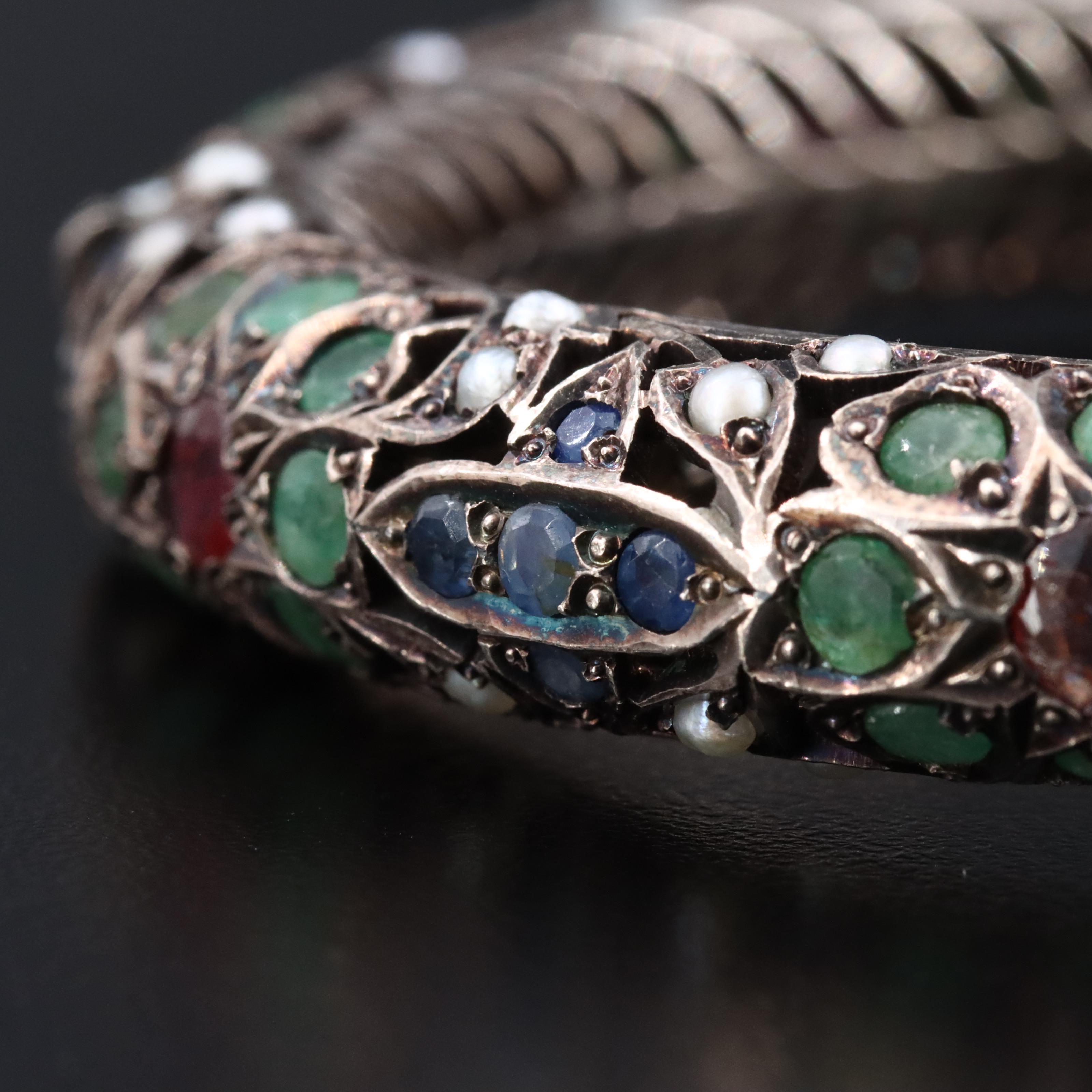 900 Silver Ruby, Sapphire, Emerald and Seed Pearl Bangle Bracelet