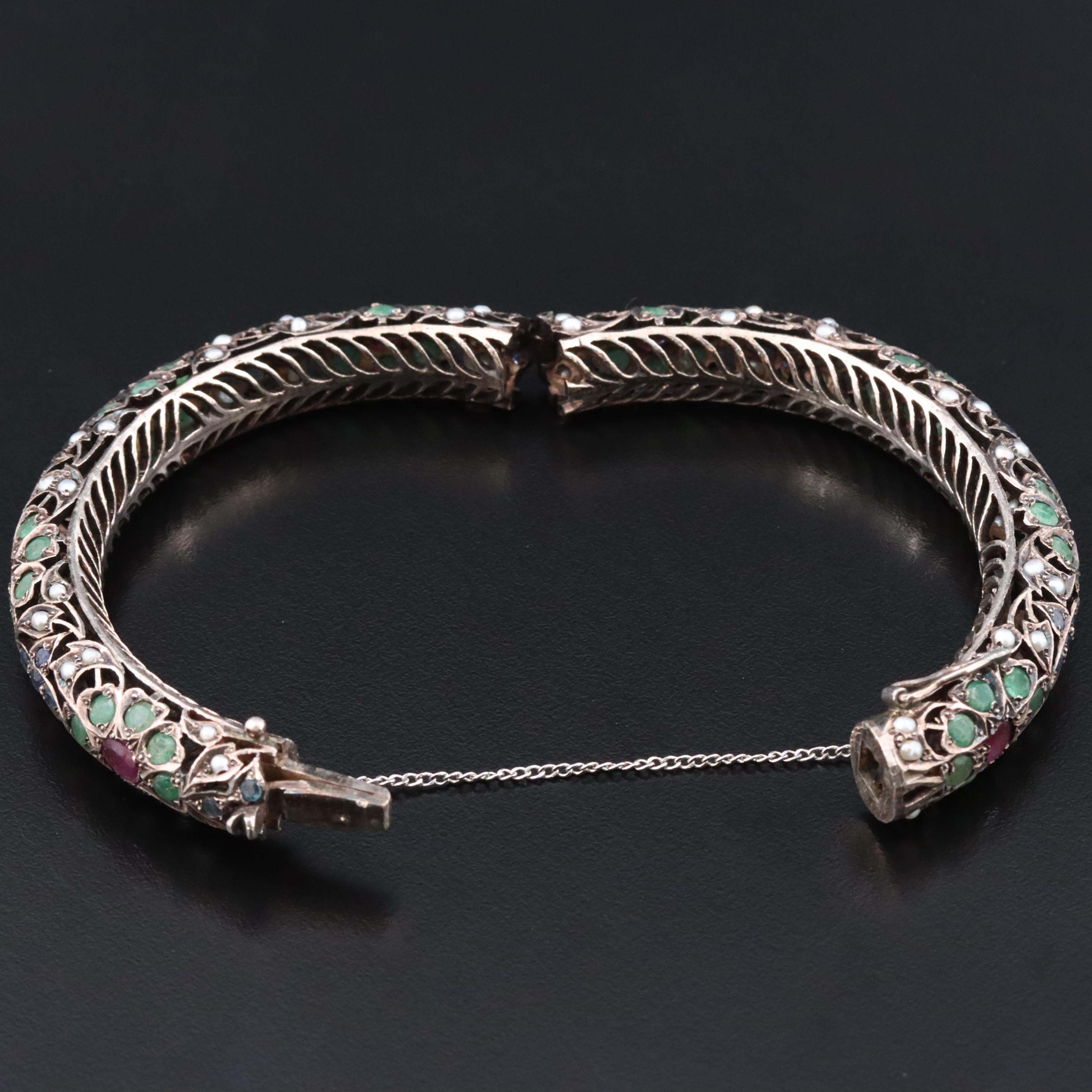 900 Silver Ruby, Sapphire, Emerald and Seed Pearl Bangle Bracelet