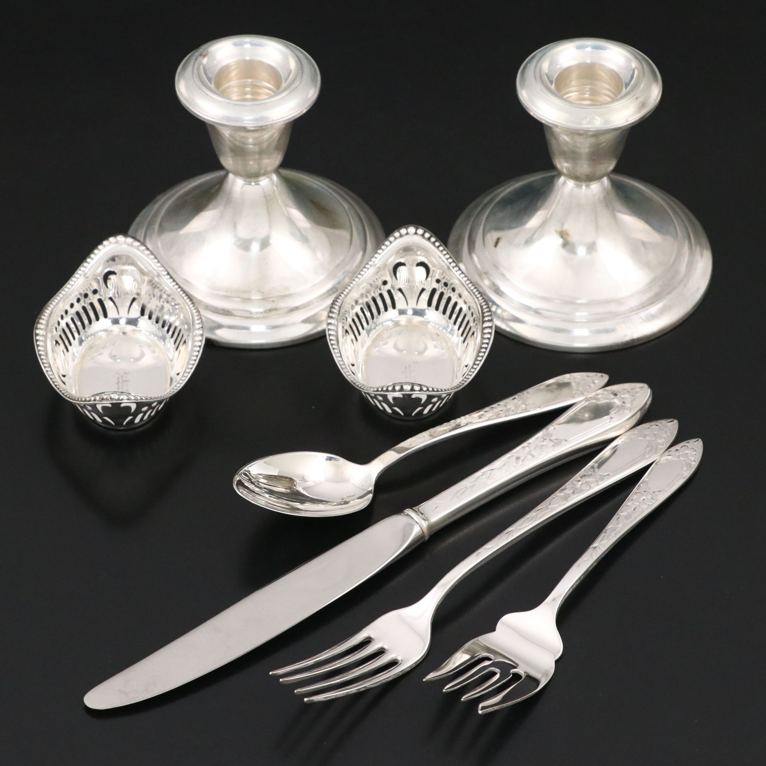 Gorham Sterling Candle Holders and Salt Cellars with Stieff Sterling Flatware