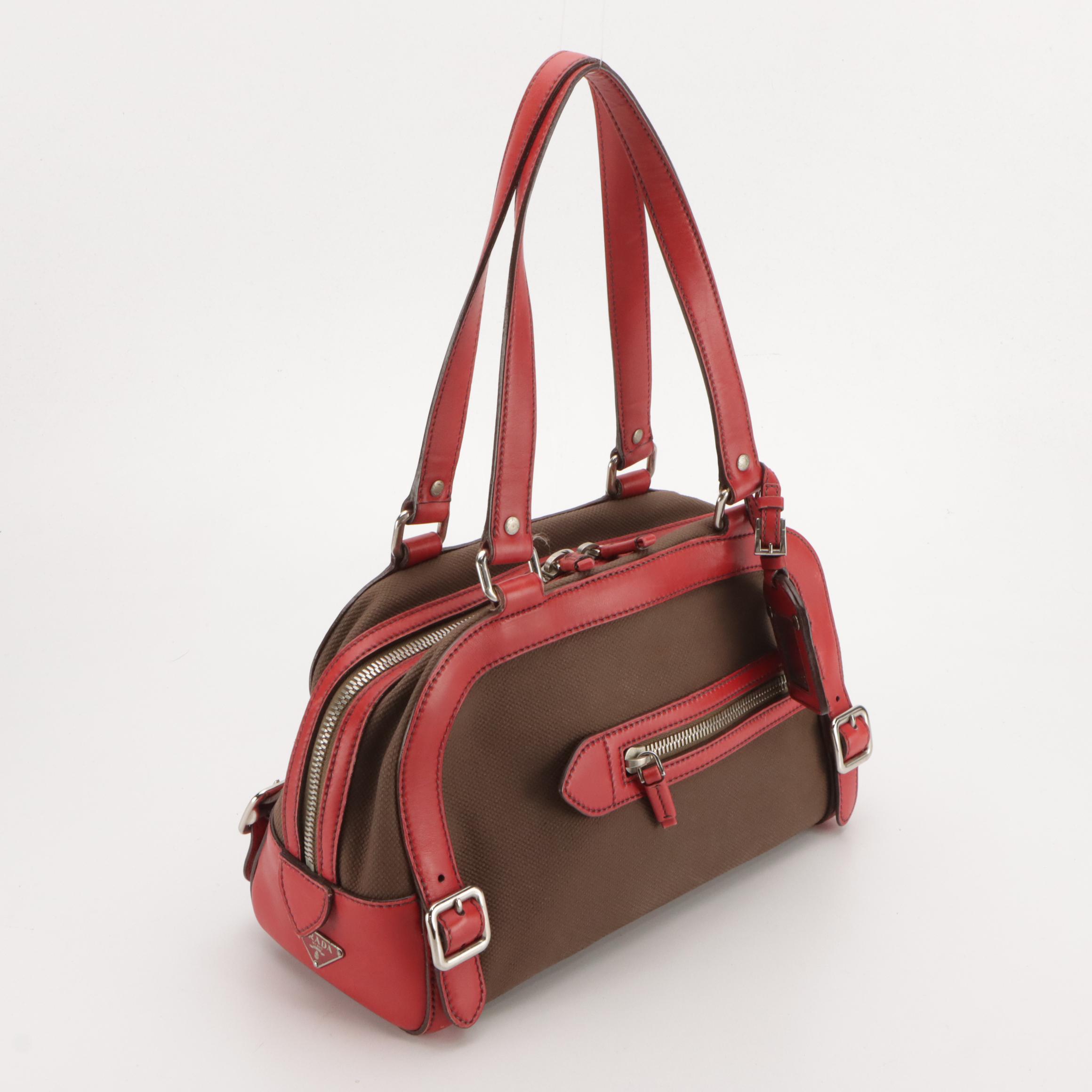 Prada Zip Satchel in Mocha Brown Canvas and Red Leather Trim