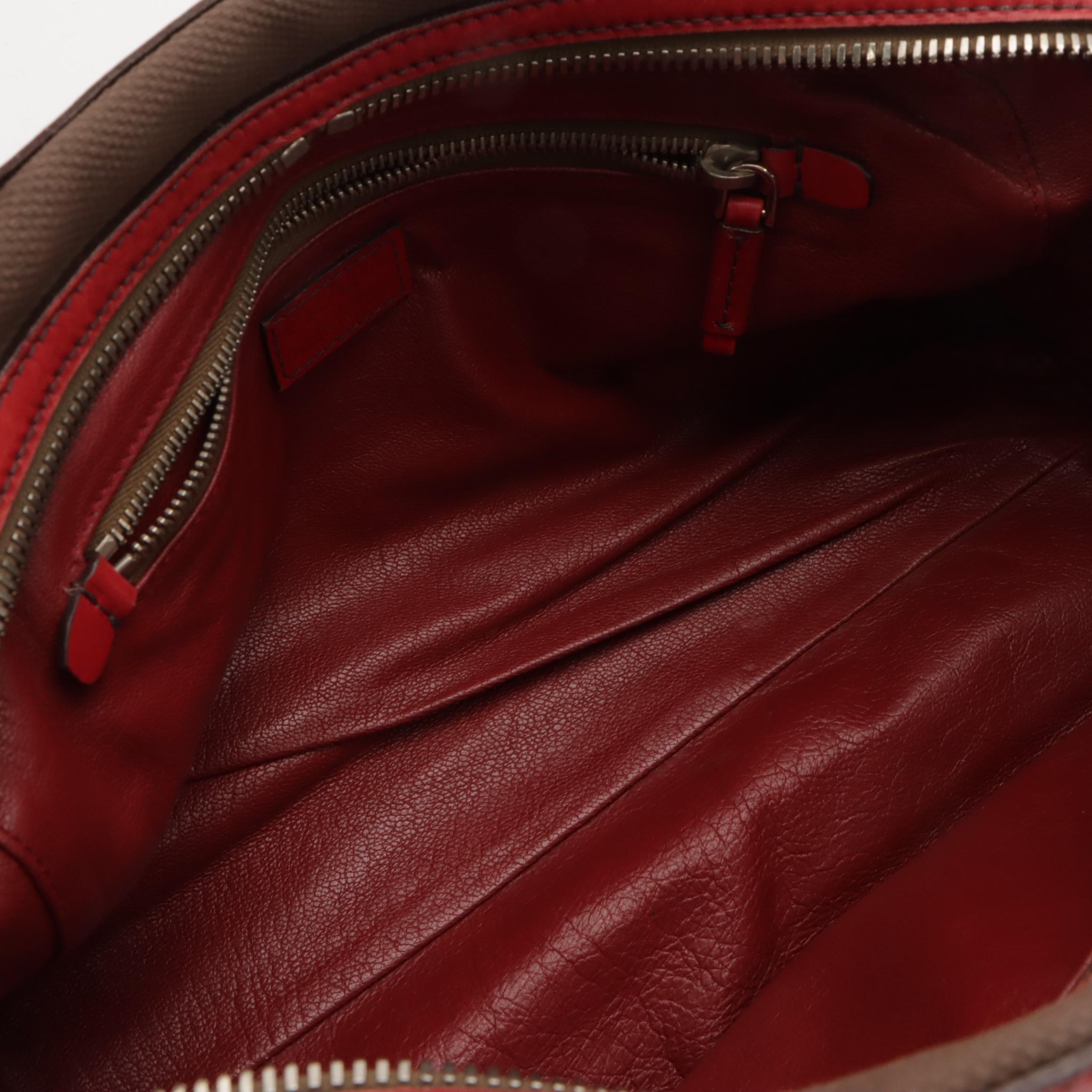 Prada Zip Satchel in Mocha Brown Canvas and Red Leather Trim
