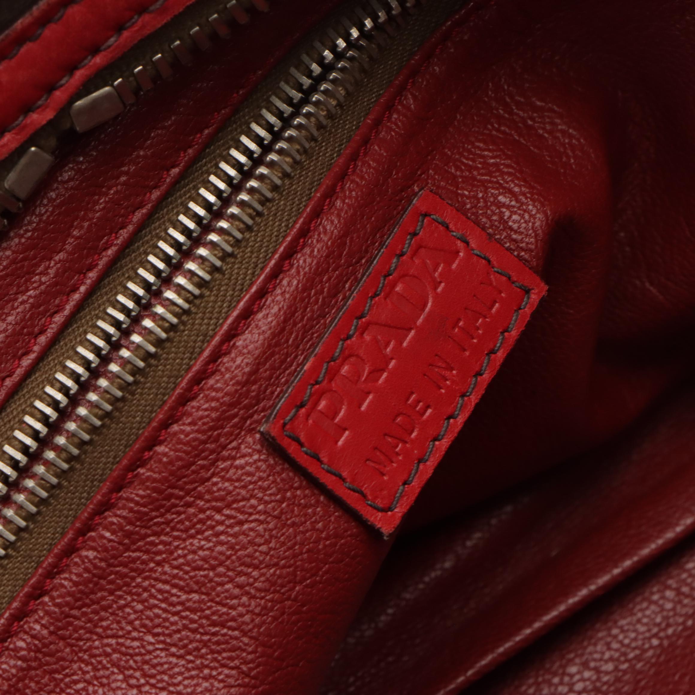 Prada Zip Satchel in Mocha Brown Canvas and Red Leather Trim