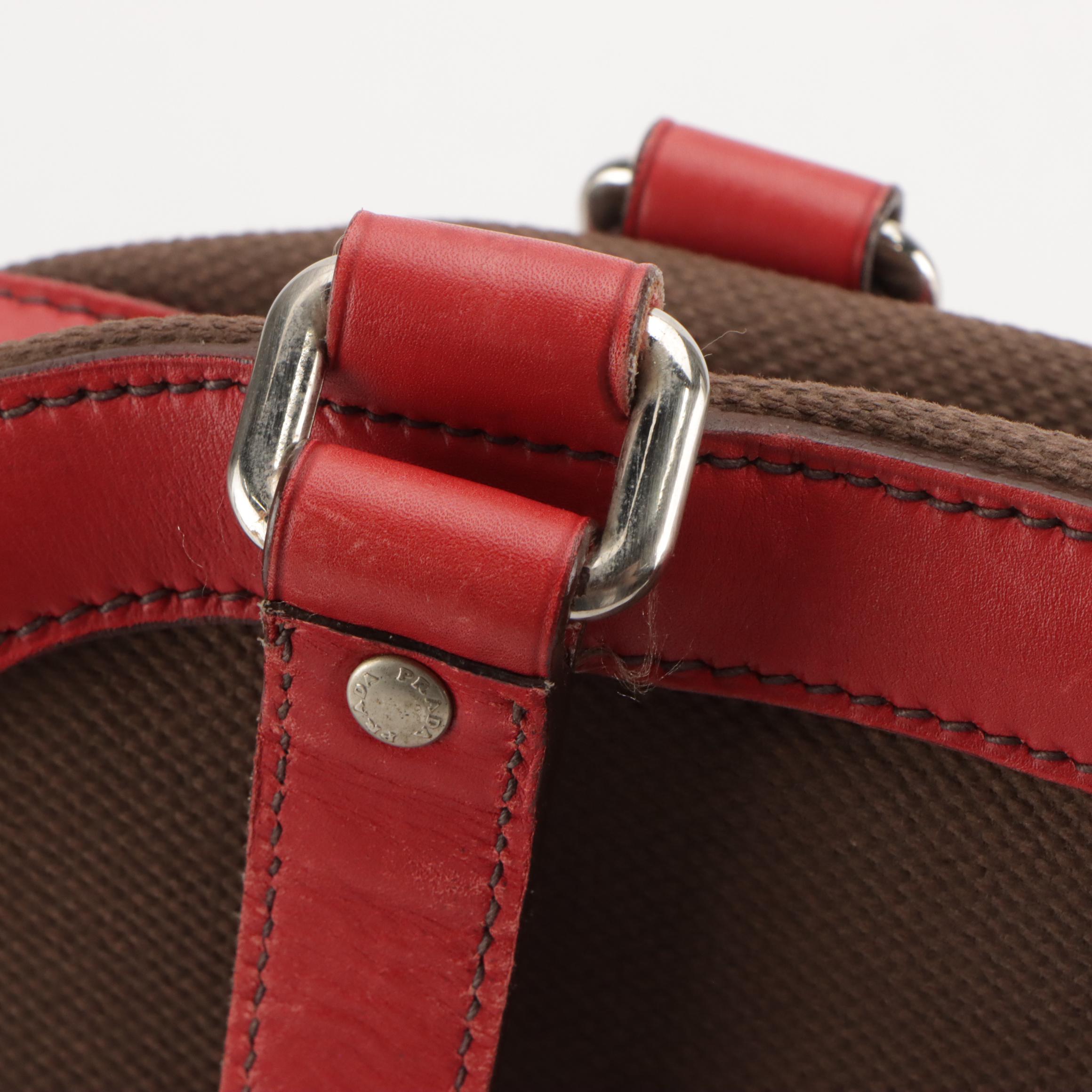 Prada Zip Satchel in Mocha Brown Canvas and Red Leather Trim
