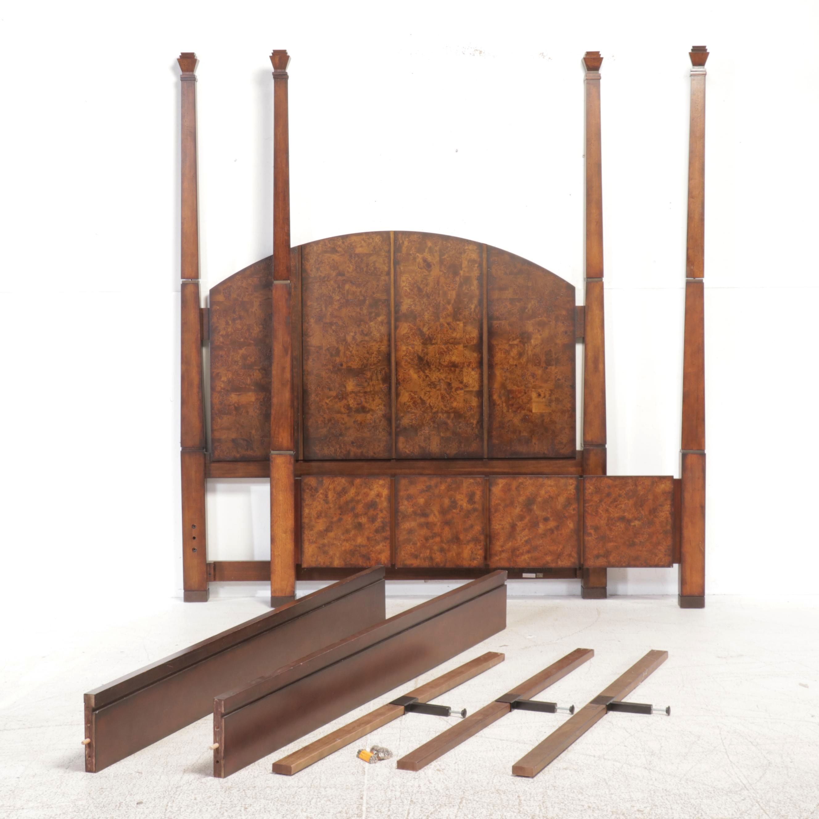 Chinese Style Burl Wood Accented Four Poster Queen Size Bed Frame