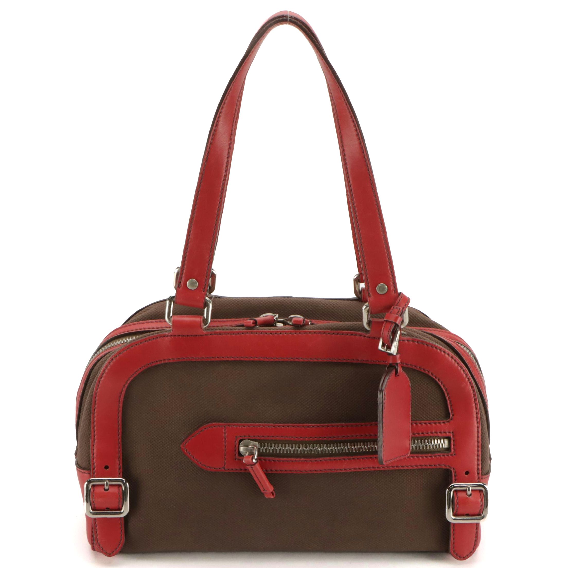 Prada Zip Satchel in Mocha Brown Canvas and Red Leather Trim