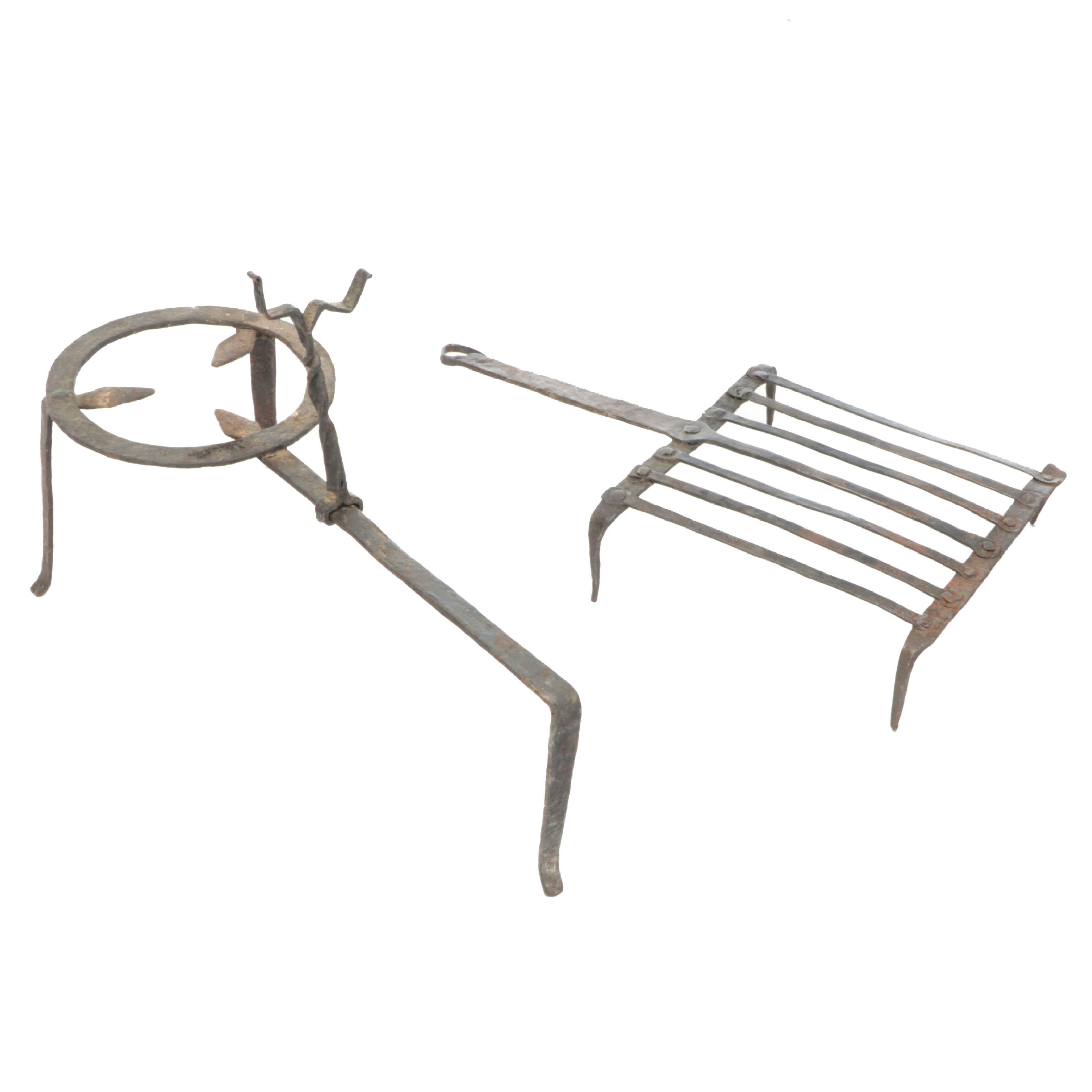 Primitive Wrought Iron Pot Trivet with Wrought Iron Grate