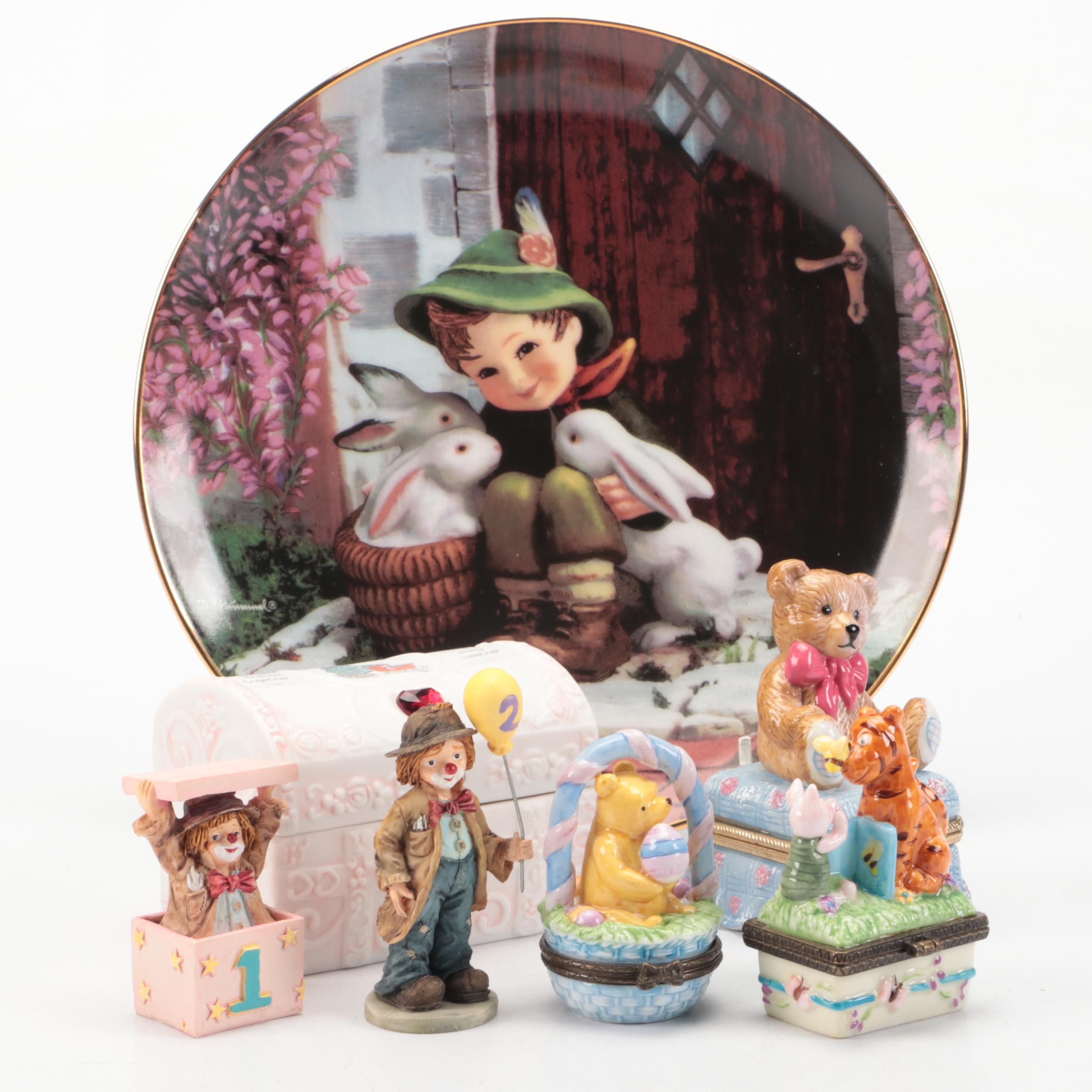 Hummel "Playmates" Plate with Porcelain and Ceramic Baby Boxes and Figures