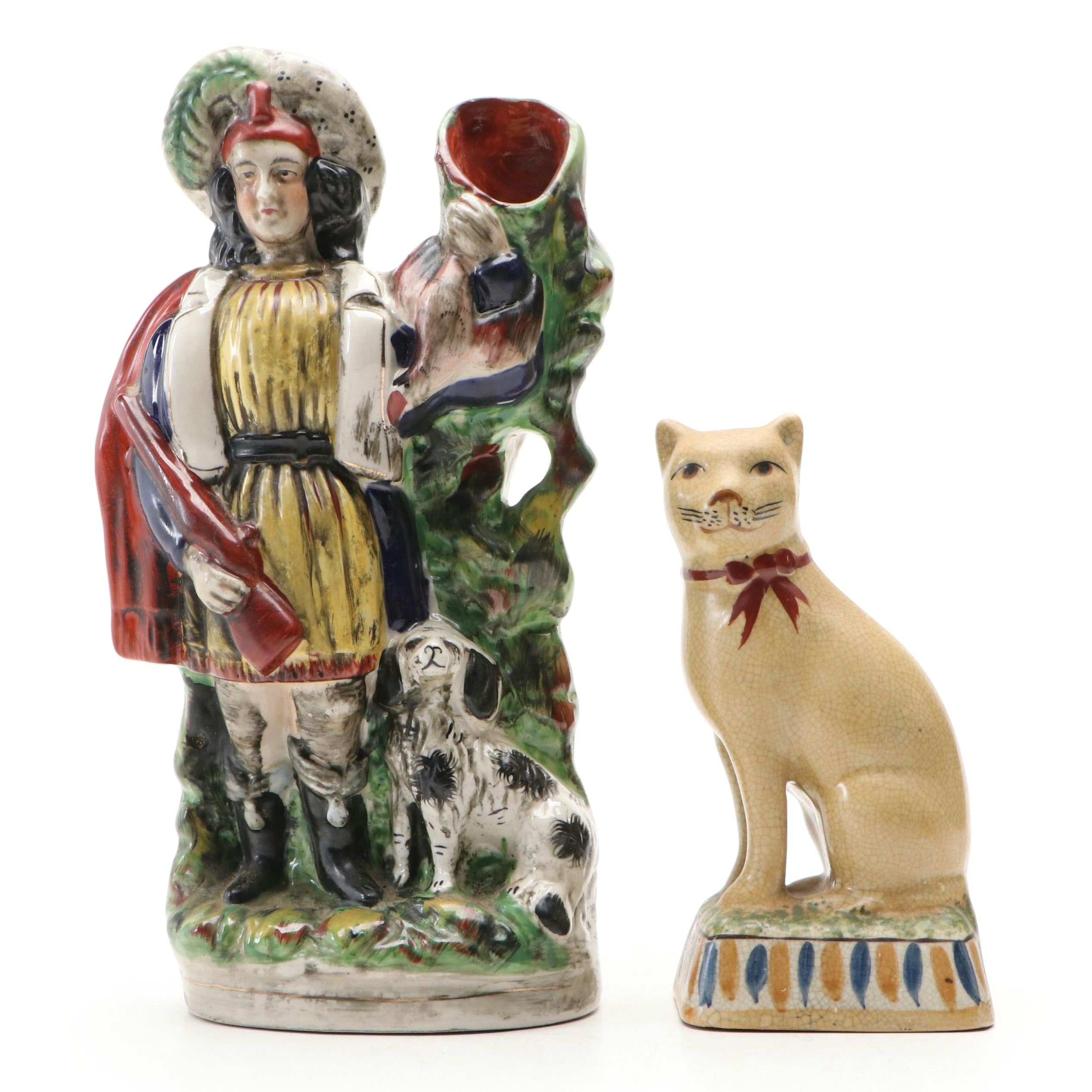 English Staffordshire Style Hunter and Dog Spill Vase with Figurine