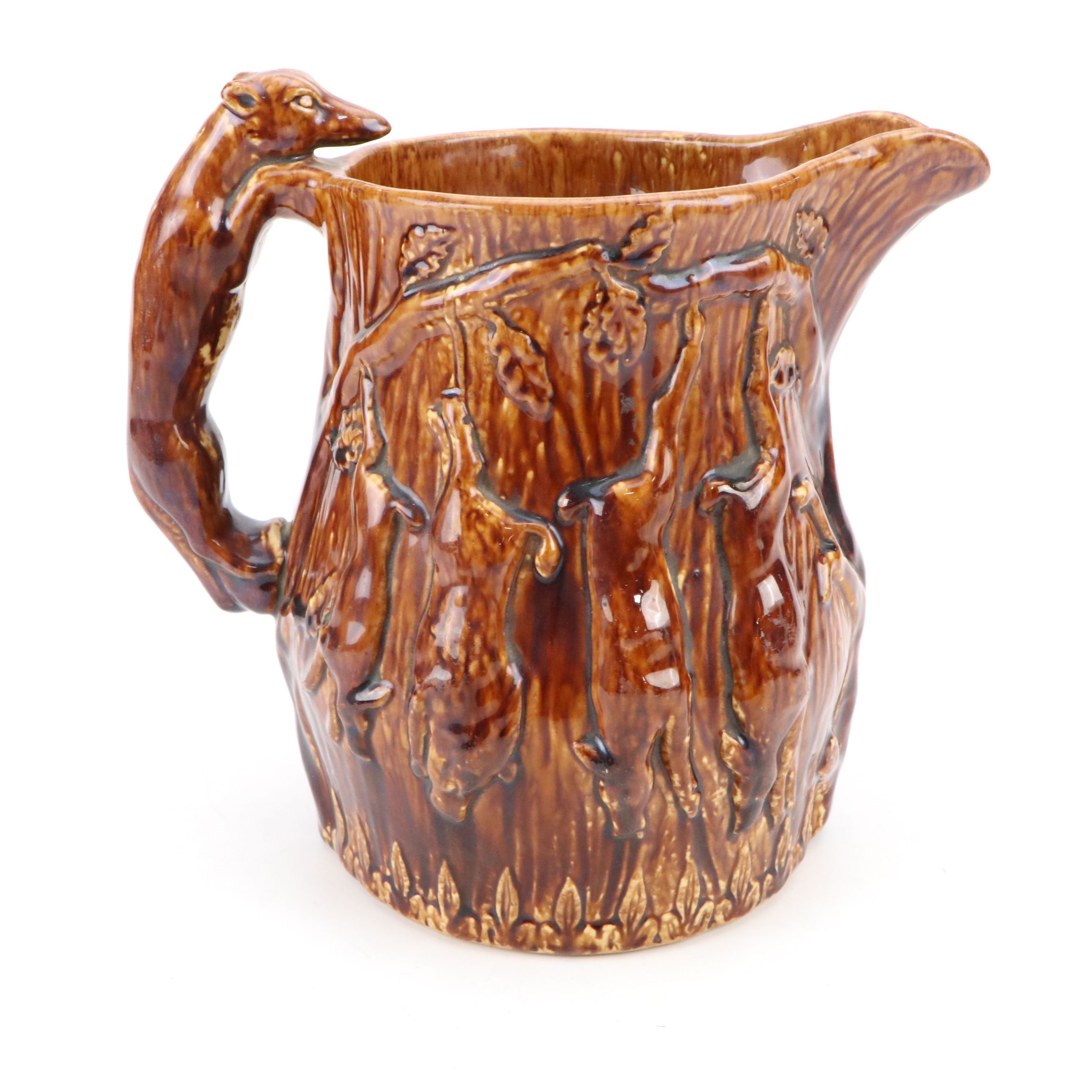 Fox-Handled Rockingham Style Glaze Ceramic Pitcher, 19th Century