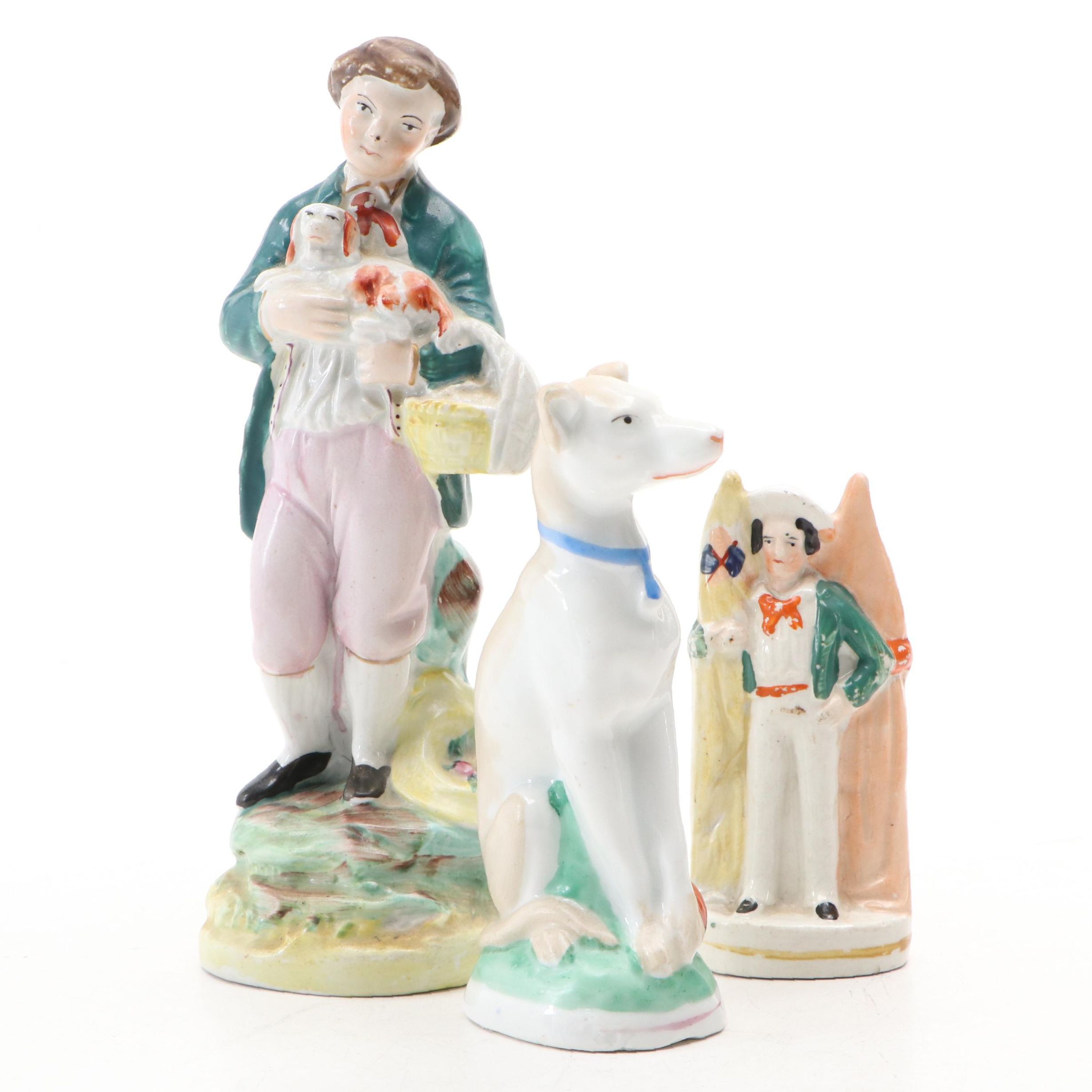 English Staffordshire Style Boy and Spaniel with Other Figurines