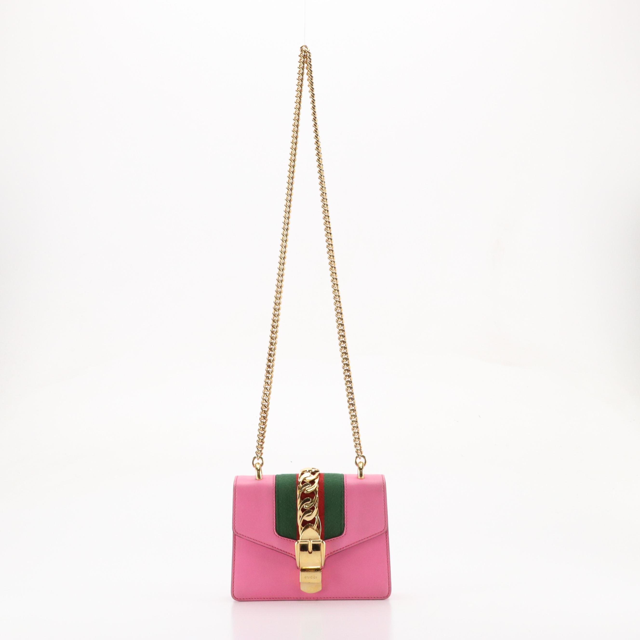Gucci Small Sylvie Crossbody Bag in Web Striped Pink Calfskin Leather W/ Strap
