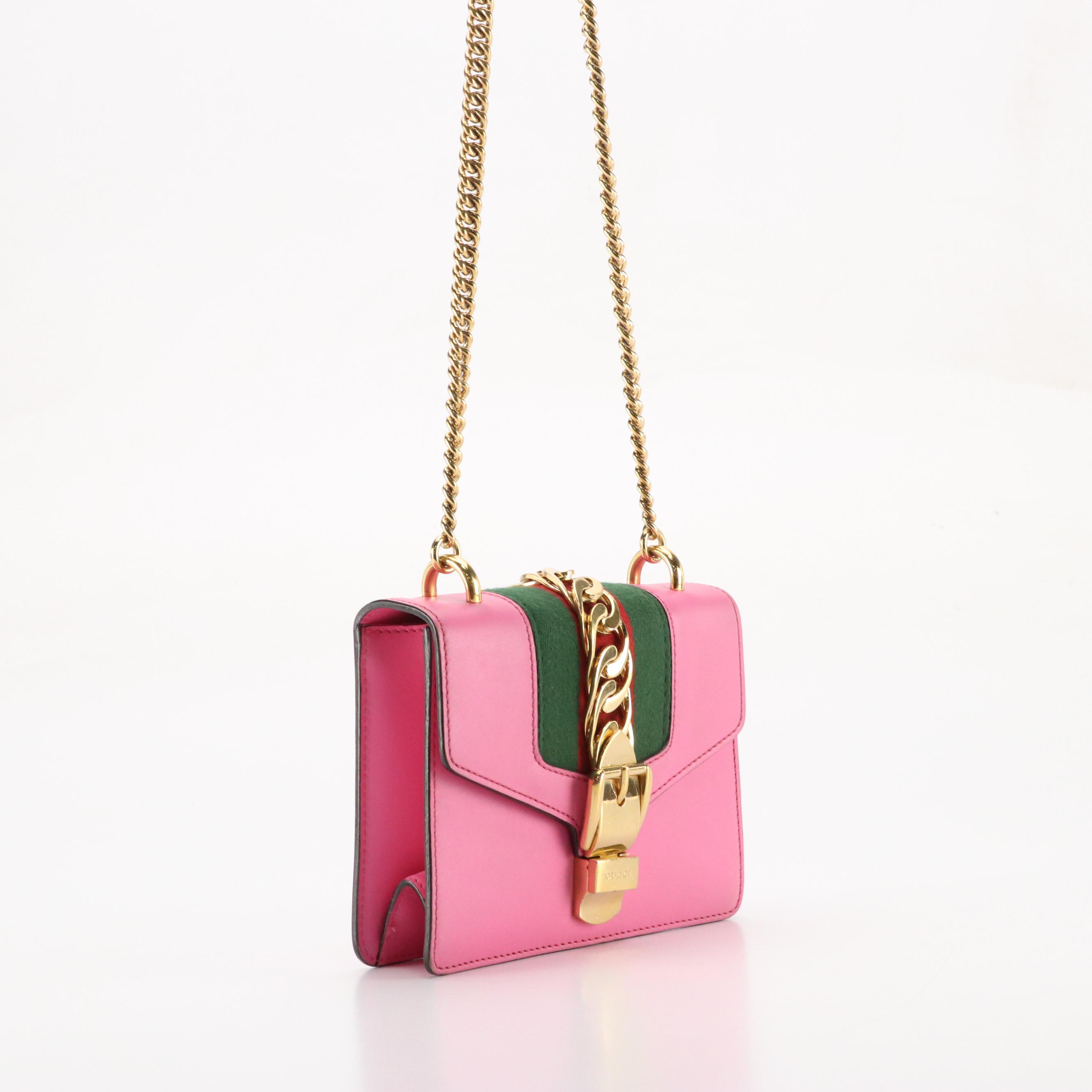 Gucci Small Sylvie Crossbody Bag in Web Striped Pink Calfskin Leather W/ Strap